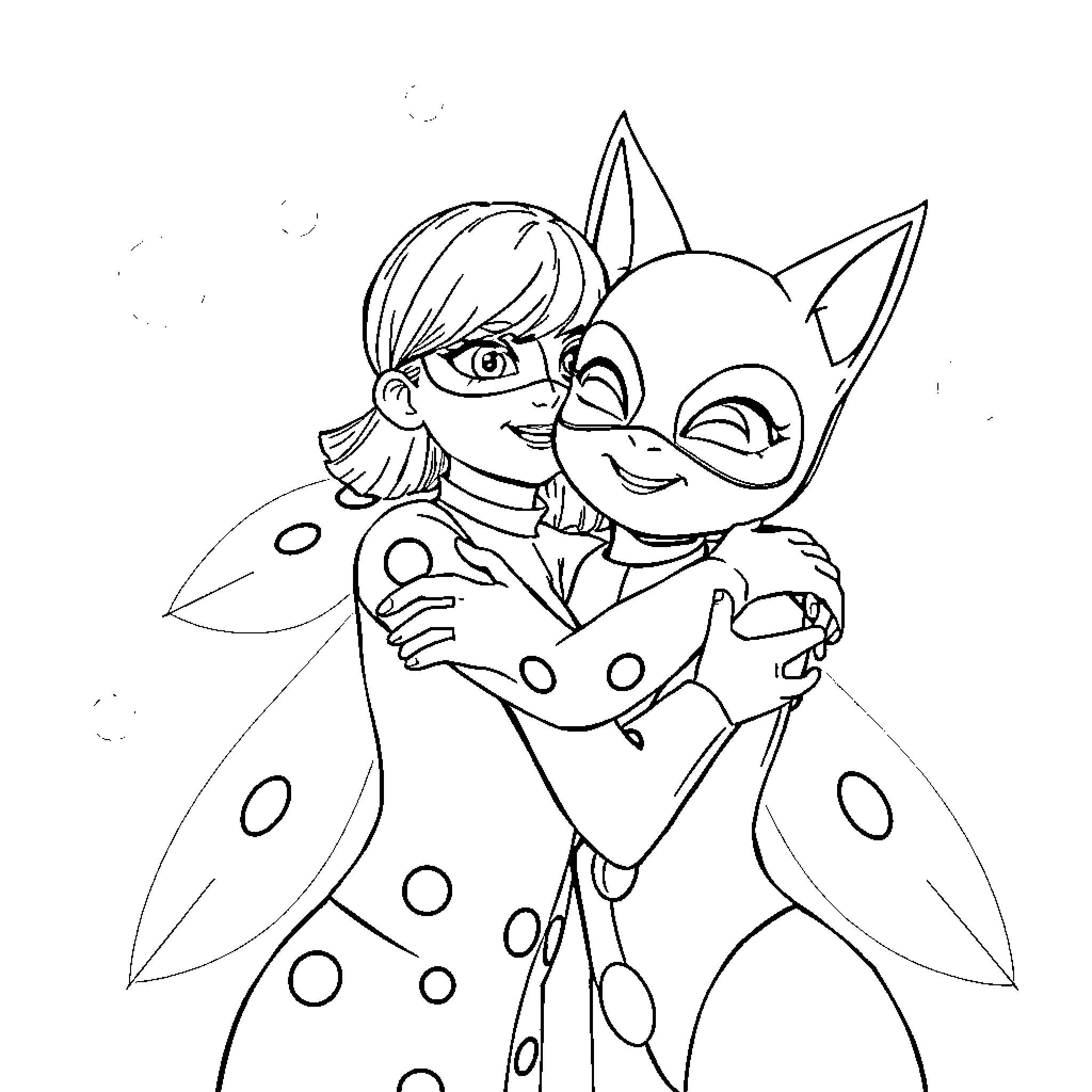 Ladybug and child embrace playfully Coloring Page (free black-and-white line drawing printable PDF for all, from beginners to advanced learners, including children, teens, adults, and seniors)