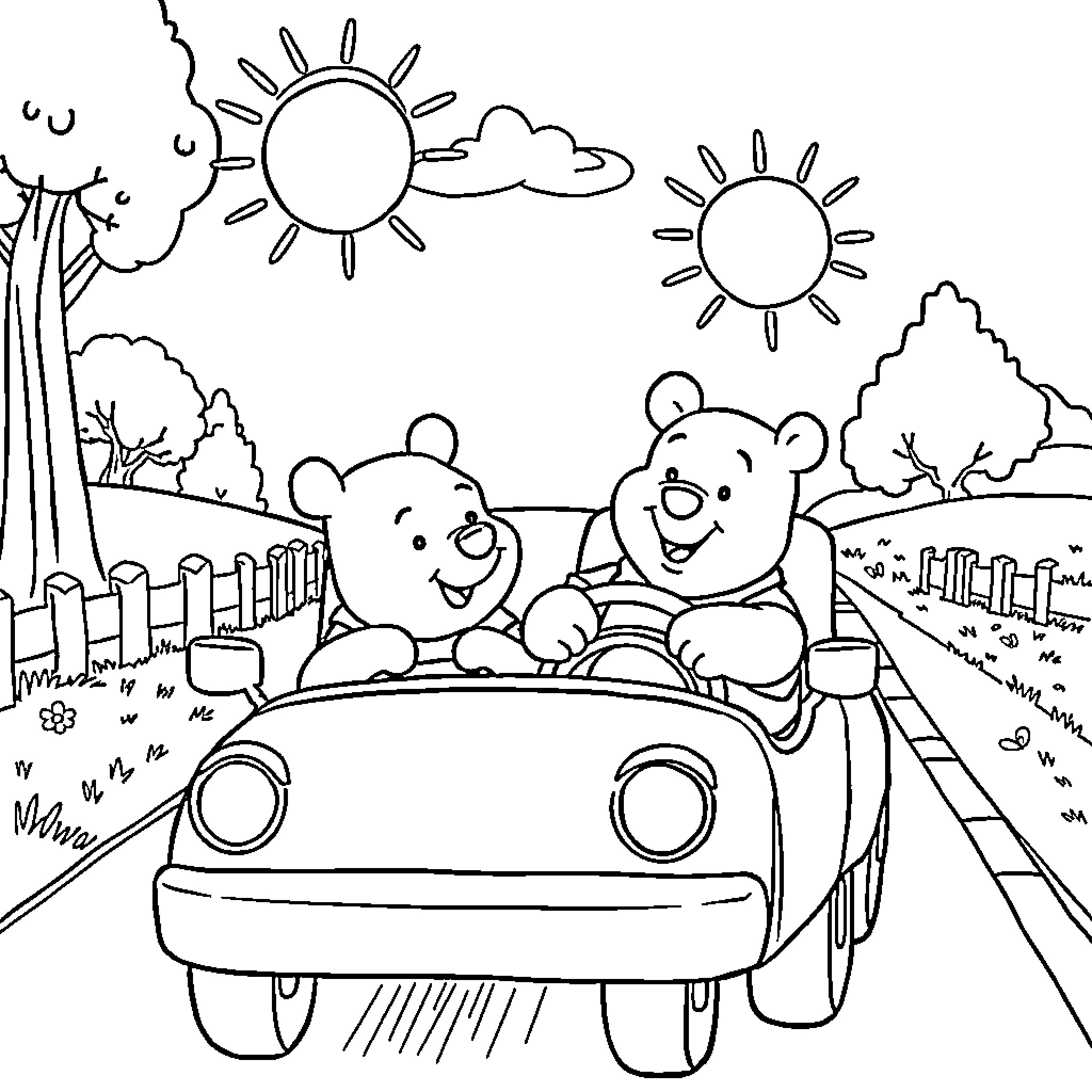 Bluey and Winnie the Pooh enjoying a road trip adventure Coloring Page (free black-and-white line drawing printable PDF for all, from beginners to advanced learners, including children, teens, adults, and seniors)