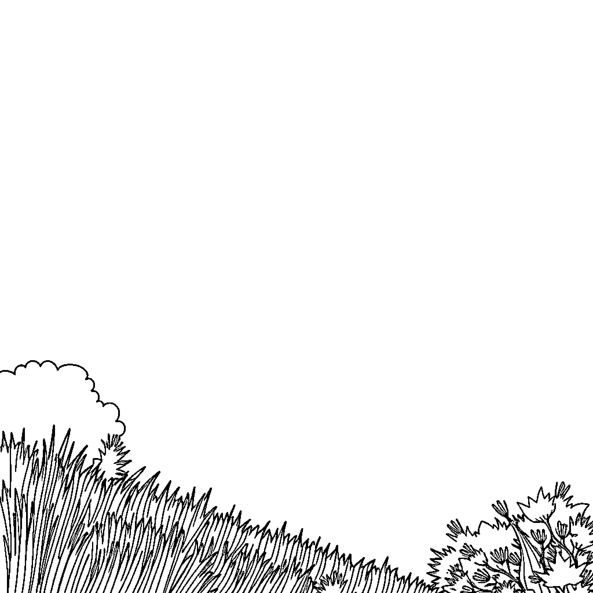 Blue Meadow Filled with Whimsical Foliage Coloring Page (free black-and-white line drawing printable PDF for all, from beginners to advanced learners, including children, teens, adults, and seniors)