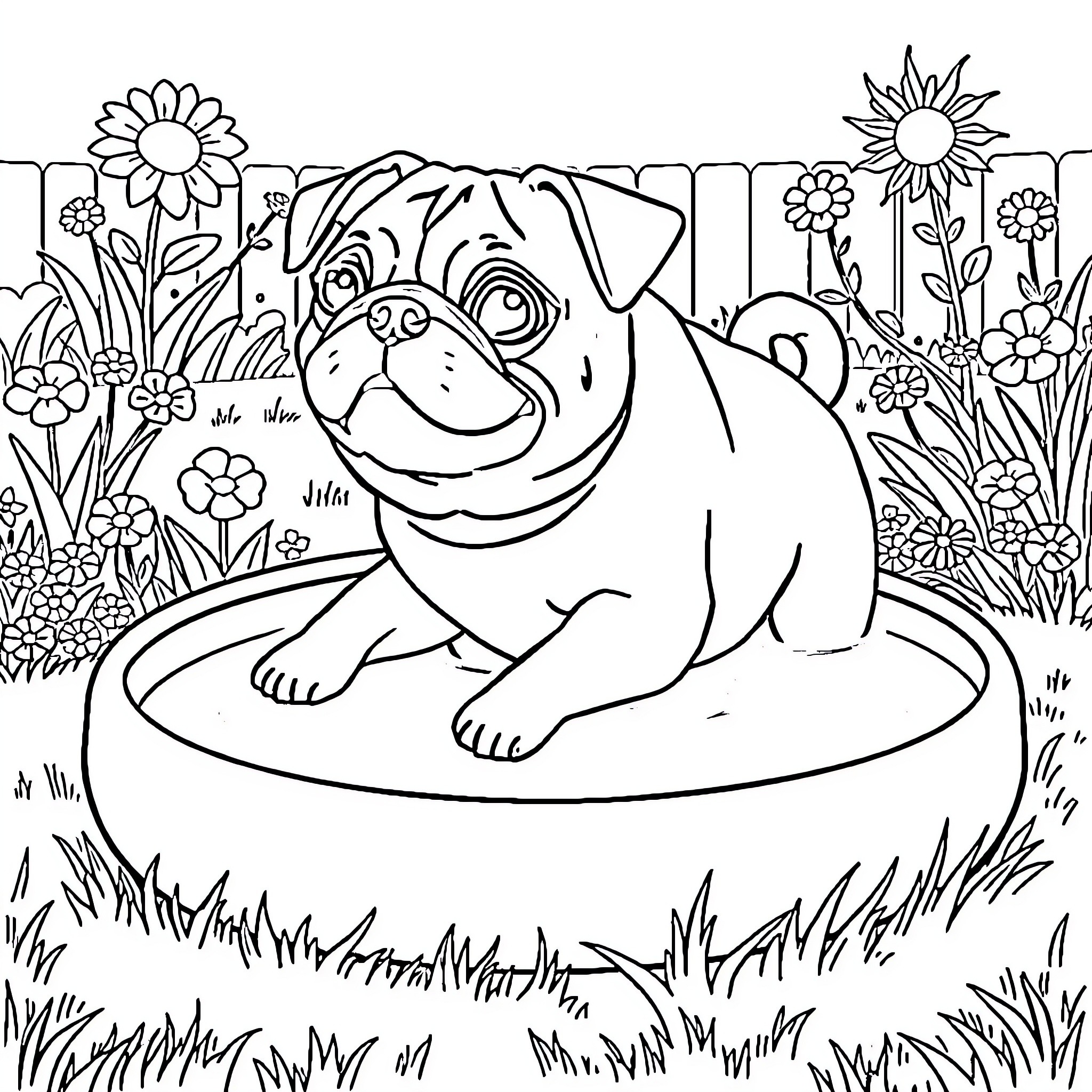 Pug resting contentedly in a flower garden Coloring Page (free black-and-white line drawing printable PDF for all, from beginners to advanced learners, including children, teens, adults, and seniors)