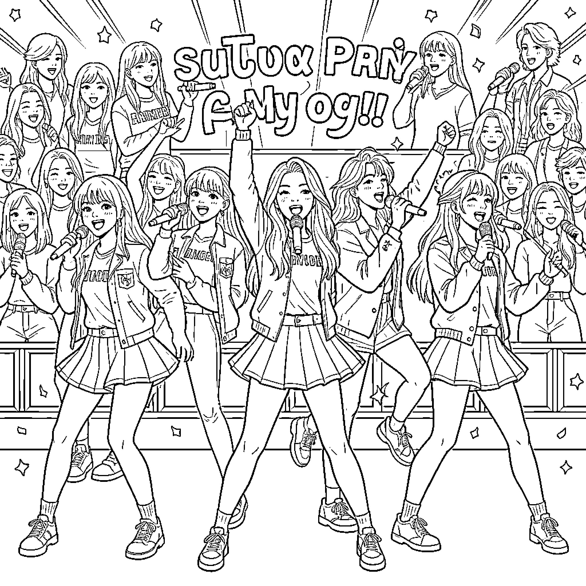 K Pop Stars Performing on Stage with Energy Coloring Page (free black-and-white line drawing printable PDF for all, from beginners to advanced learners, including children, teens, adults, and seniors)