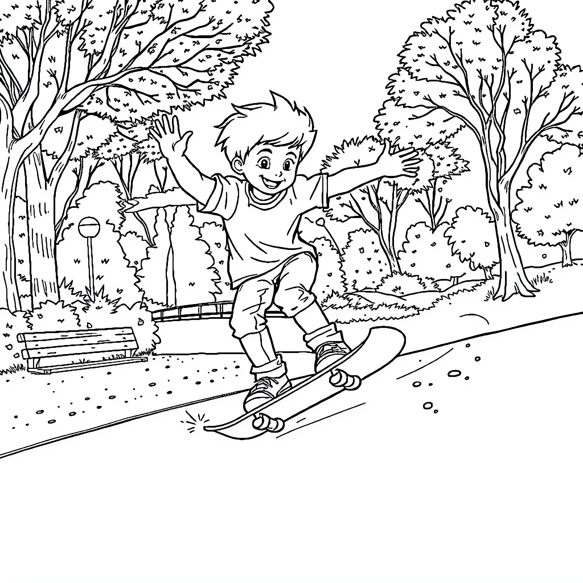Tum Tum Skiing Cheerfully in Lush Forest Coloring Page (free black-and-white line drawing printable PDF for all, from beginners to advanced learners, including children, teens, adults, and seniors)