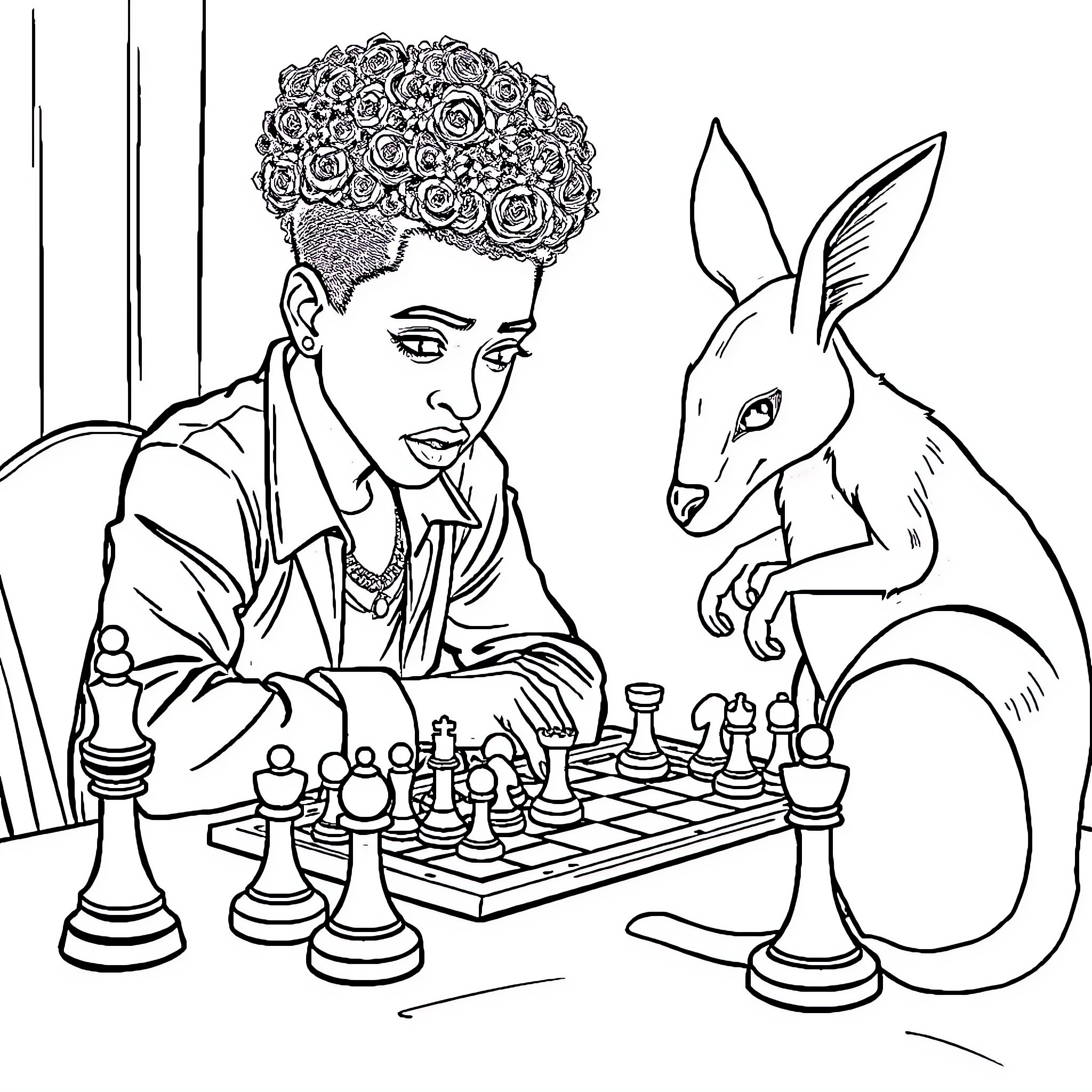 Jaimis Winston playing chess with a kangaroo Coloring Page (free black-and-white line drawing printable PDF for all, from beginners to advanced learners, including children, teens, adults, and seniors)