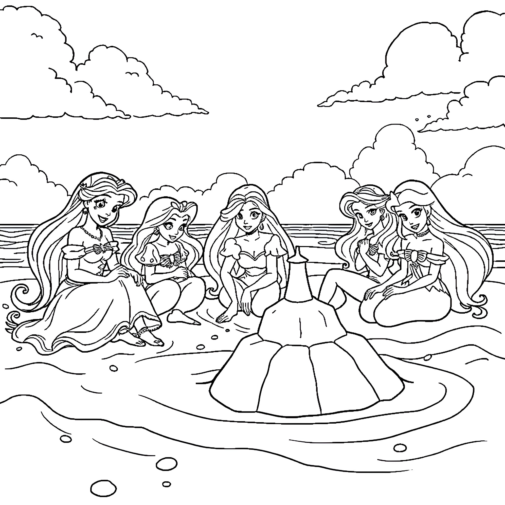 Disney Princesses Enjoying a Sunny Beach Gathering Coloring Page (free black-and-white line drawing printable PDF for all, from beginners to advanced learners, including children, teens, adults, and seniors)