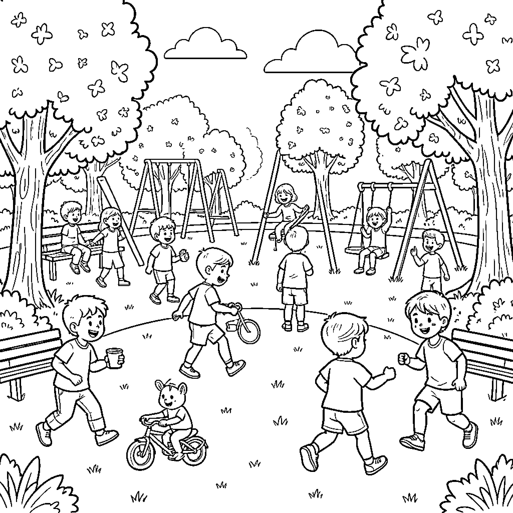 Activity of children playing together in a park Coloring Page (free black-and-white line drawing printable PDF for all, from beginners to advanced learners, including children, teens, adults, and seniors)