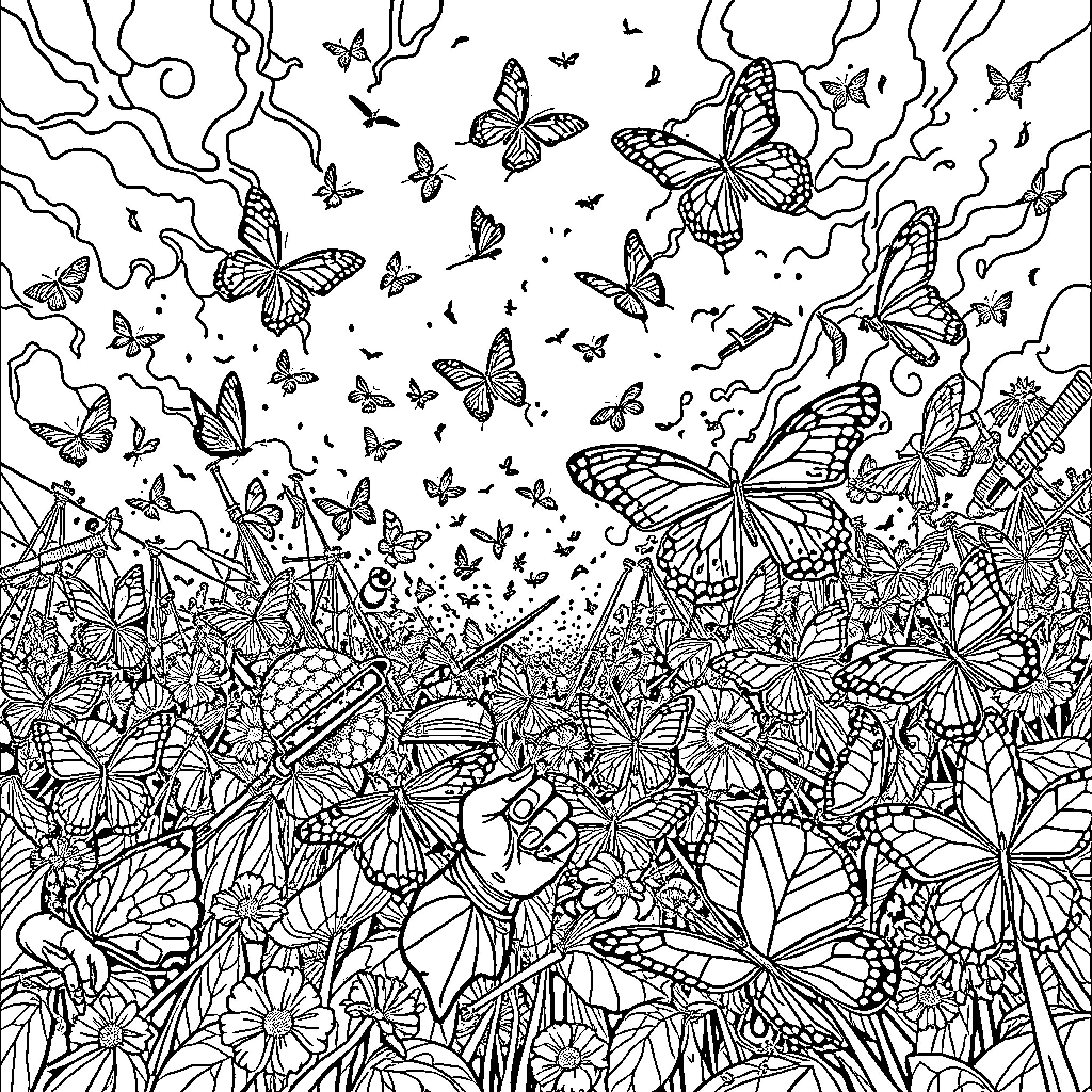 Butterfly Garden Enchantment Coloring Page (free black-and-white line drawing printable PDF for all, from beginners to advanced learners, including children, teens, adults, and seniors)