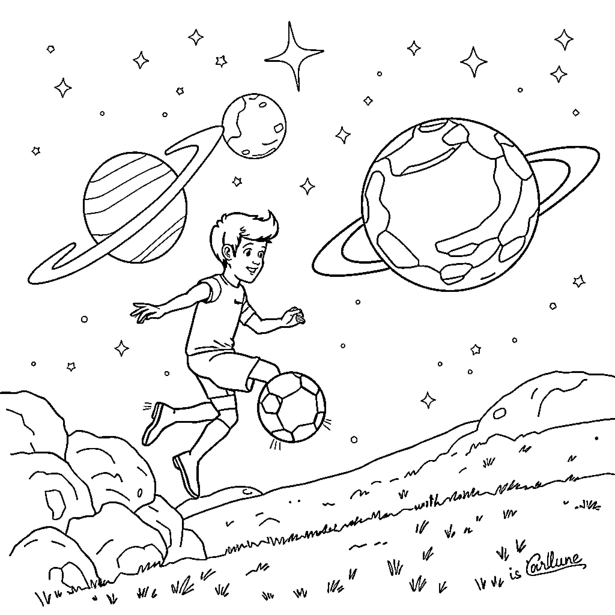 Football Player Kicking Ball Amid Cosmic Backdrop Coloring Page (free black-and-white line drawing printable PDF for all, from beginners to advanced learners, including children, teens, adults, and seniors)