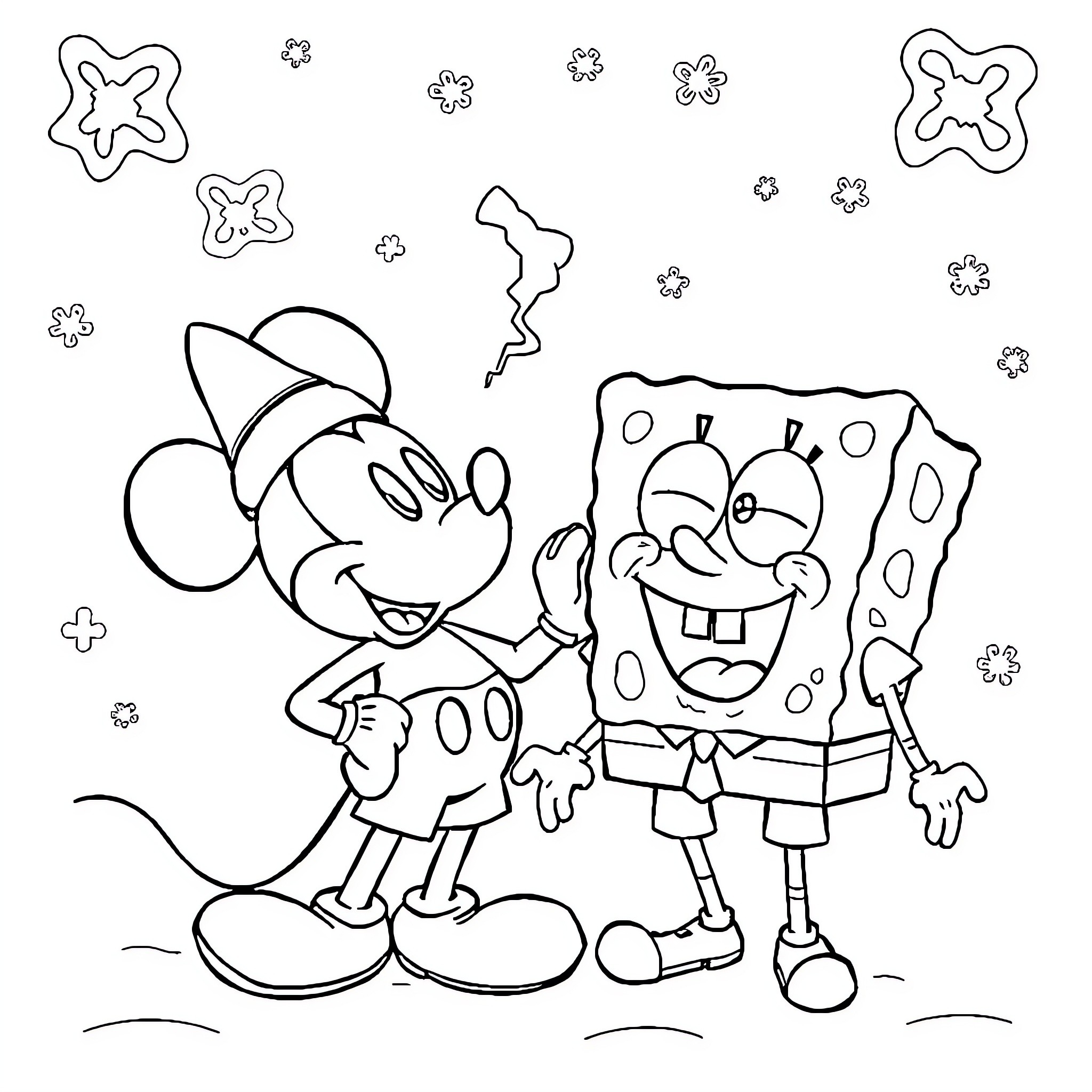Mickey Mouse and SpongeBob enjoying a playful encounter Coloring Page (free black-and-white line drawing printable PDF for all, from beginners to advanced learners, including children, teens, adults, and seniors)