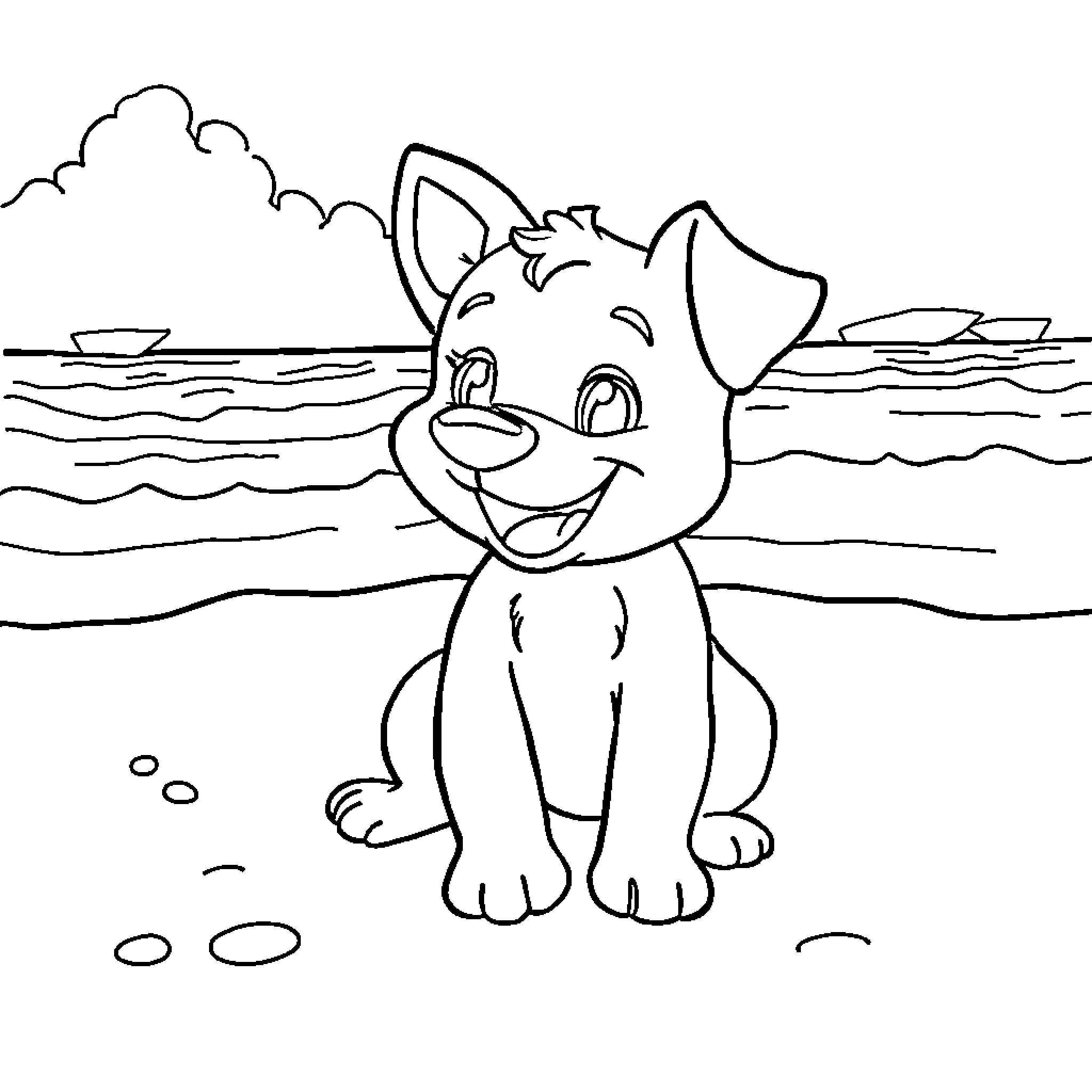 Bluey playing happily by the water Coloring Page (free black-and-white line drawing printable PDF for all, from beginners to advanced learners, including children, teens, adults, and seniors)
