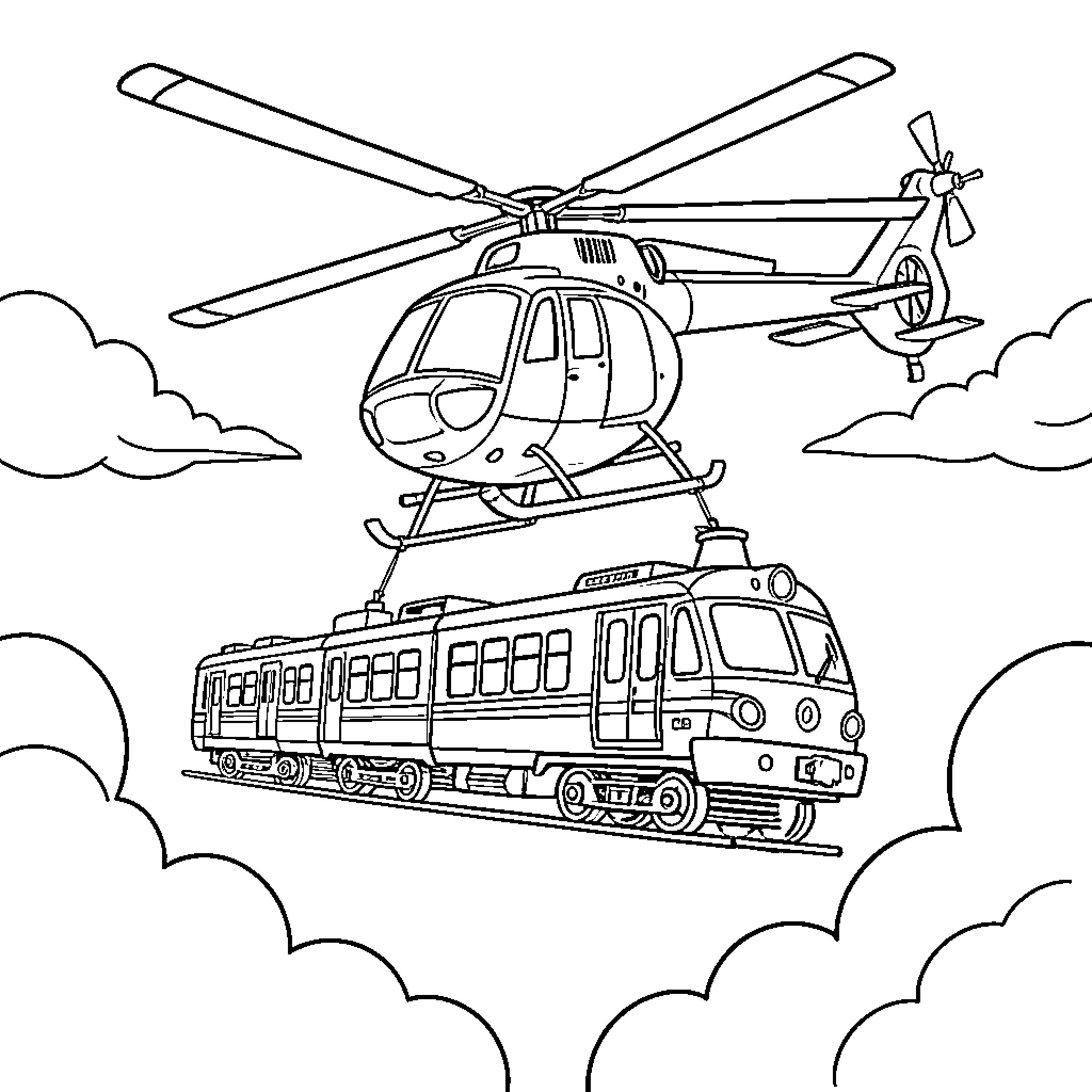 Train and Helicopter in the Clouds Coloring Page (free black-and-white line drawing printable PDF for all, from beginners to advanced learners, including children, teens, adults, and seniors)