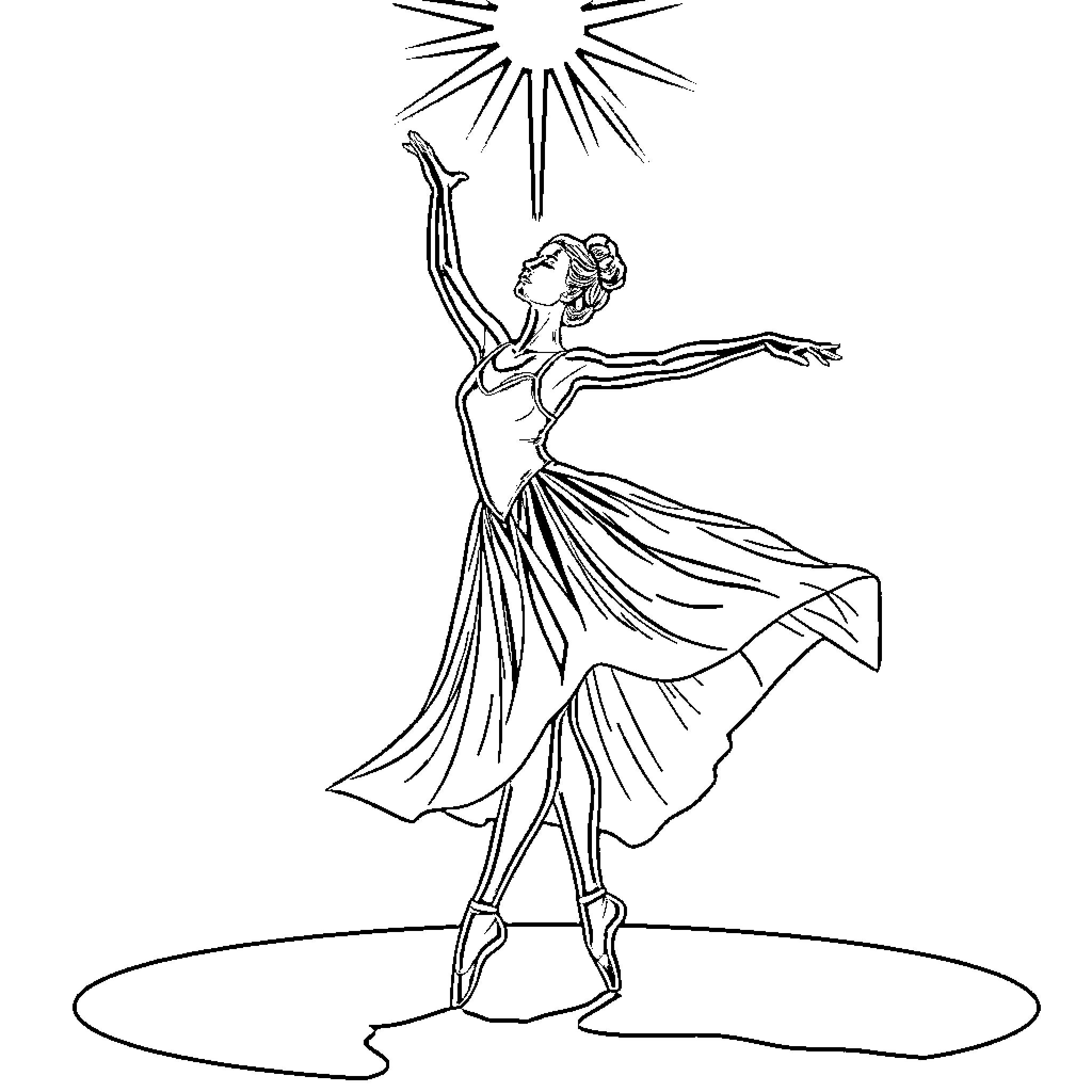 Ballerina dancing gracefully under the spotlight Coloring Page (free black-and-white line drawing printable PDF for all, from beginners to advanced learners, including children, teens, adults, and seniors)