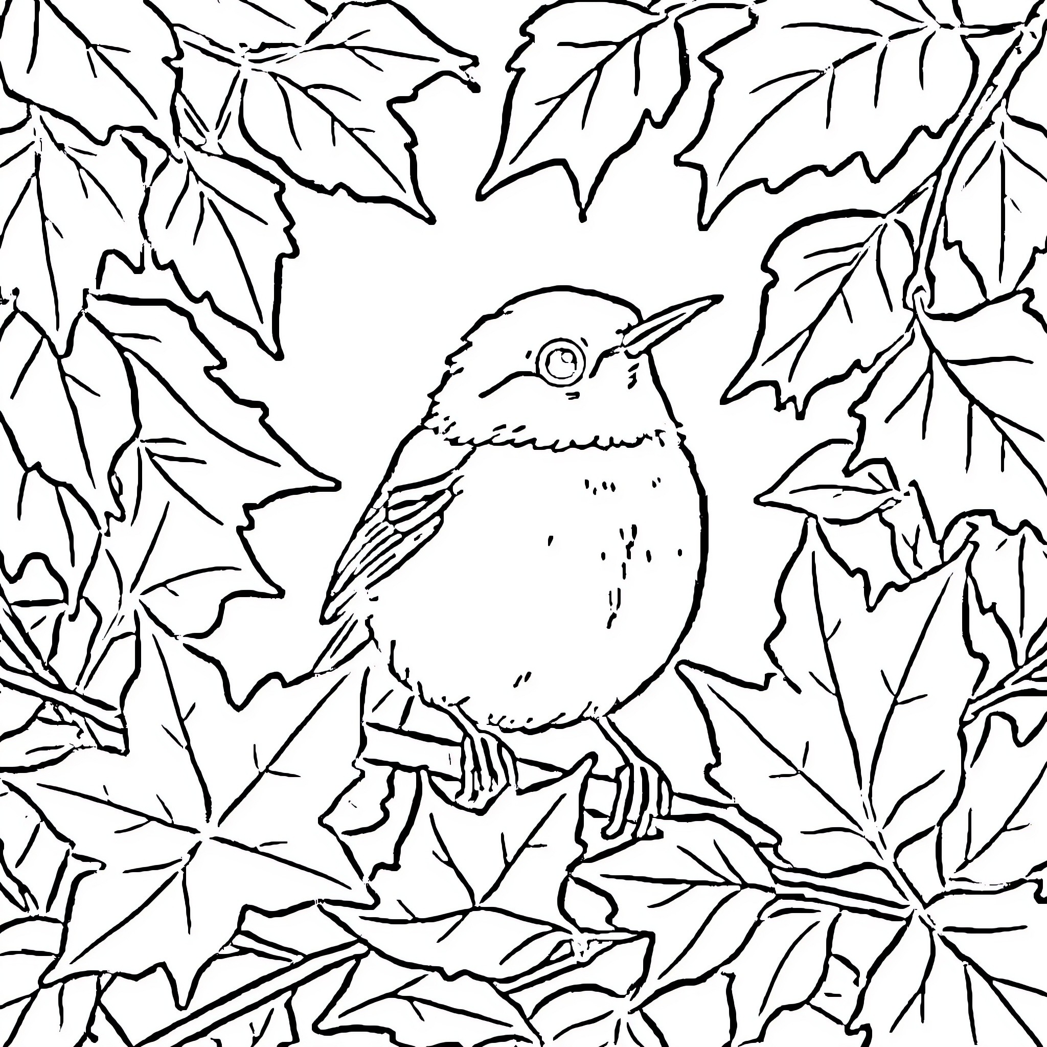Pumpkin bird perched among fall leaves Coloring Page (free black-and-white line drawing printable PDF for all, from beginners to advanced learners, including children, teens, adults, and seniors)
