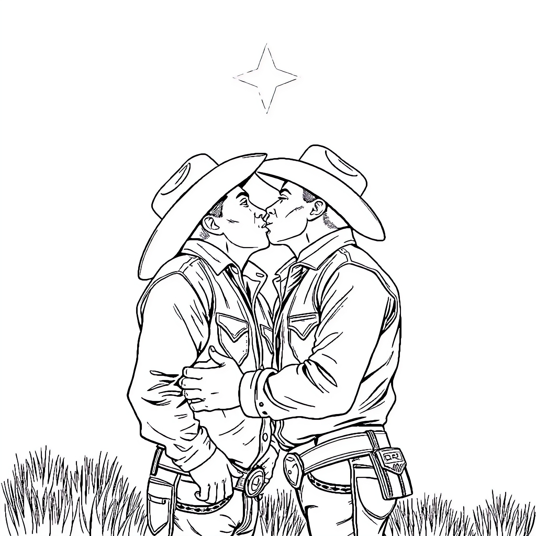 Cowboy couple in affectionate embrace under night sky Coloring Page (free black-and-white line drawing printable PDF for all, from beginners to advanced learners, including children, teens, adults, and seniors)
