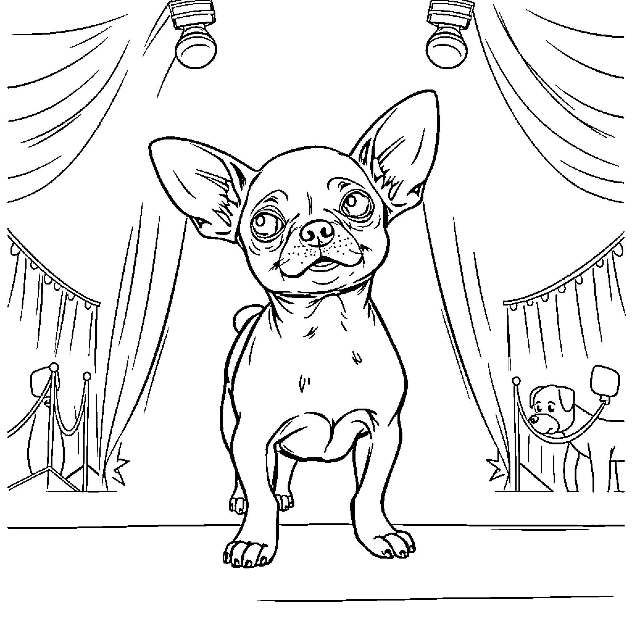 Chihuahua performing on a stage Coloring Page (free black-and-white line drawing printable PDF for all, from beginners to advanced learners, including children, teens, adults, and seniors)