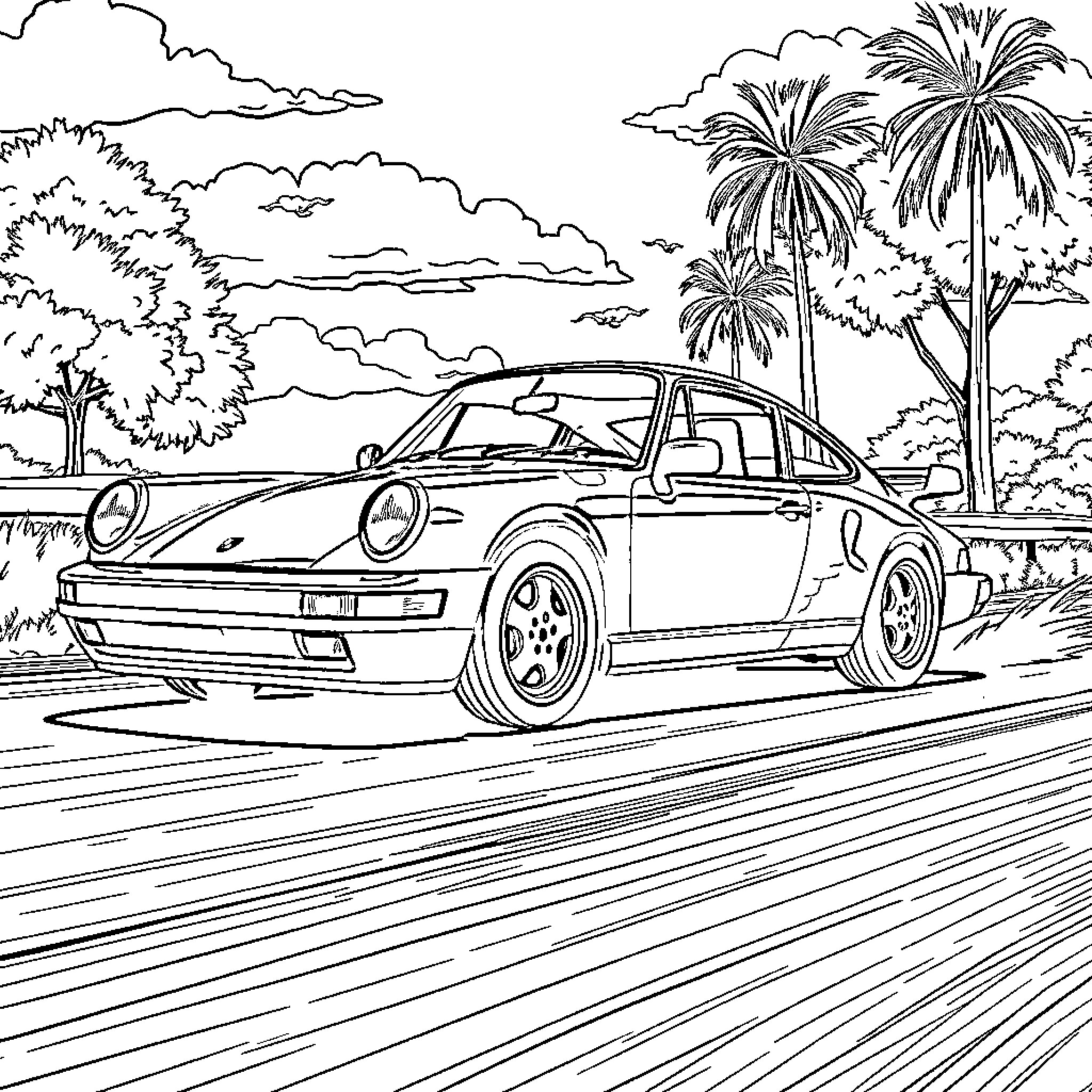 Porsche sports car speeding on a tropical road Coloring Page (free black-and-white line drawing printable PDF for all, from beginners to advanced learners, including children, teens, adults, and seniors)