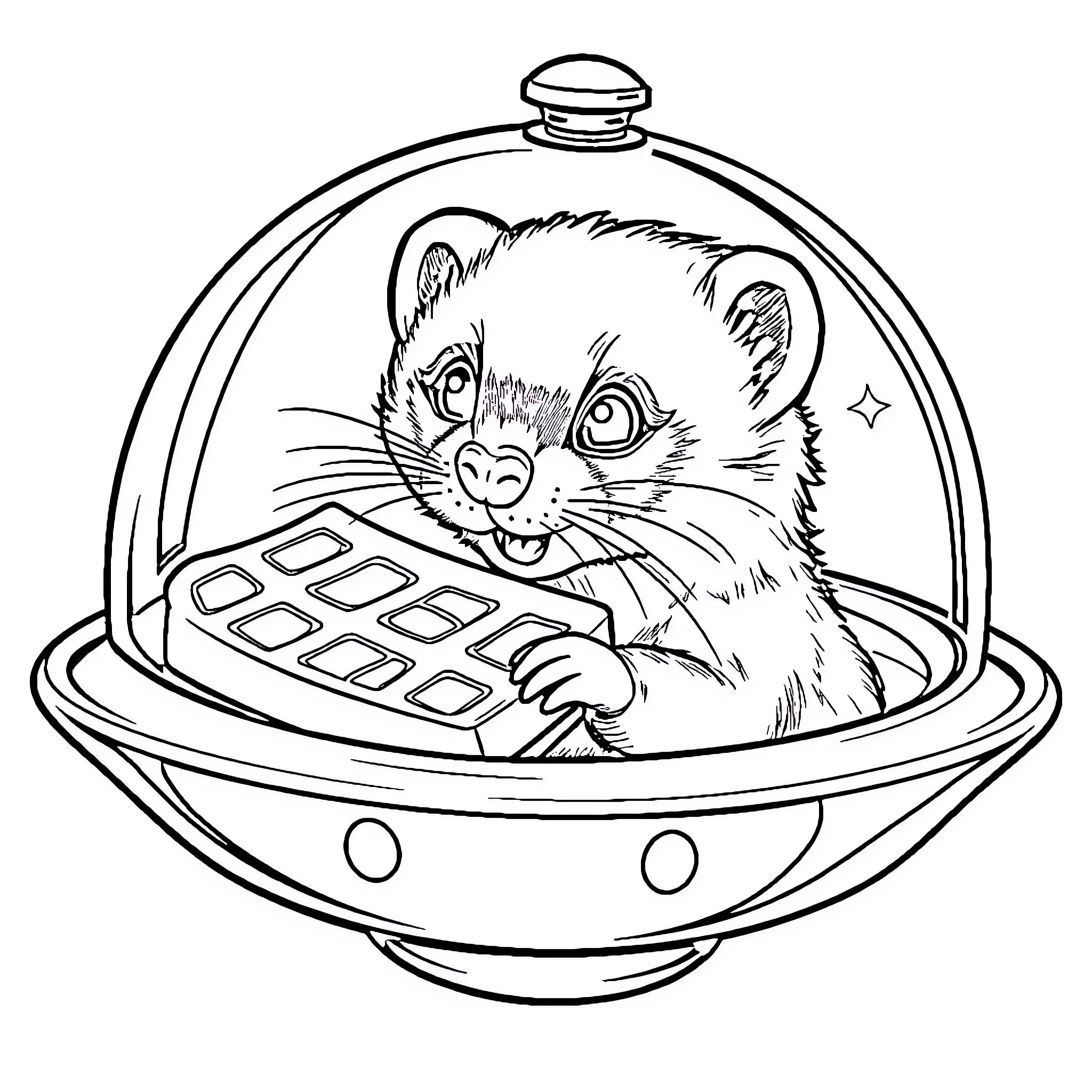 Ferret in a futuristic space capsule Coloring Page (free black-and-white line drawing printable PDF for all, from beginners to advanced learners, including children, teens, adults, and seniors)