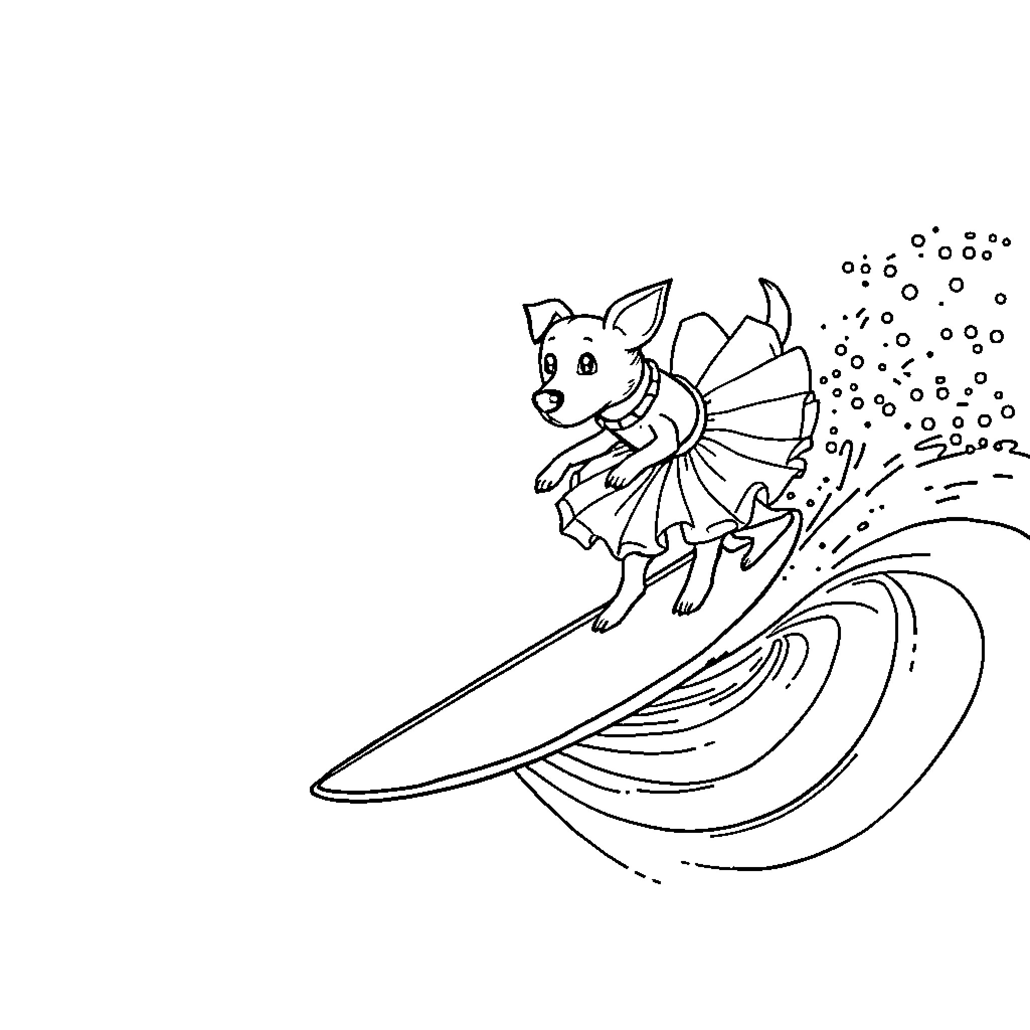 Dog surfing on a wave with bubbles Coloring Page (free black-and-white line drawing printable PDF for all, from beginners to advanced learners, including children, teens, adults, and seniors)