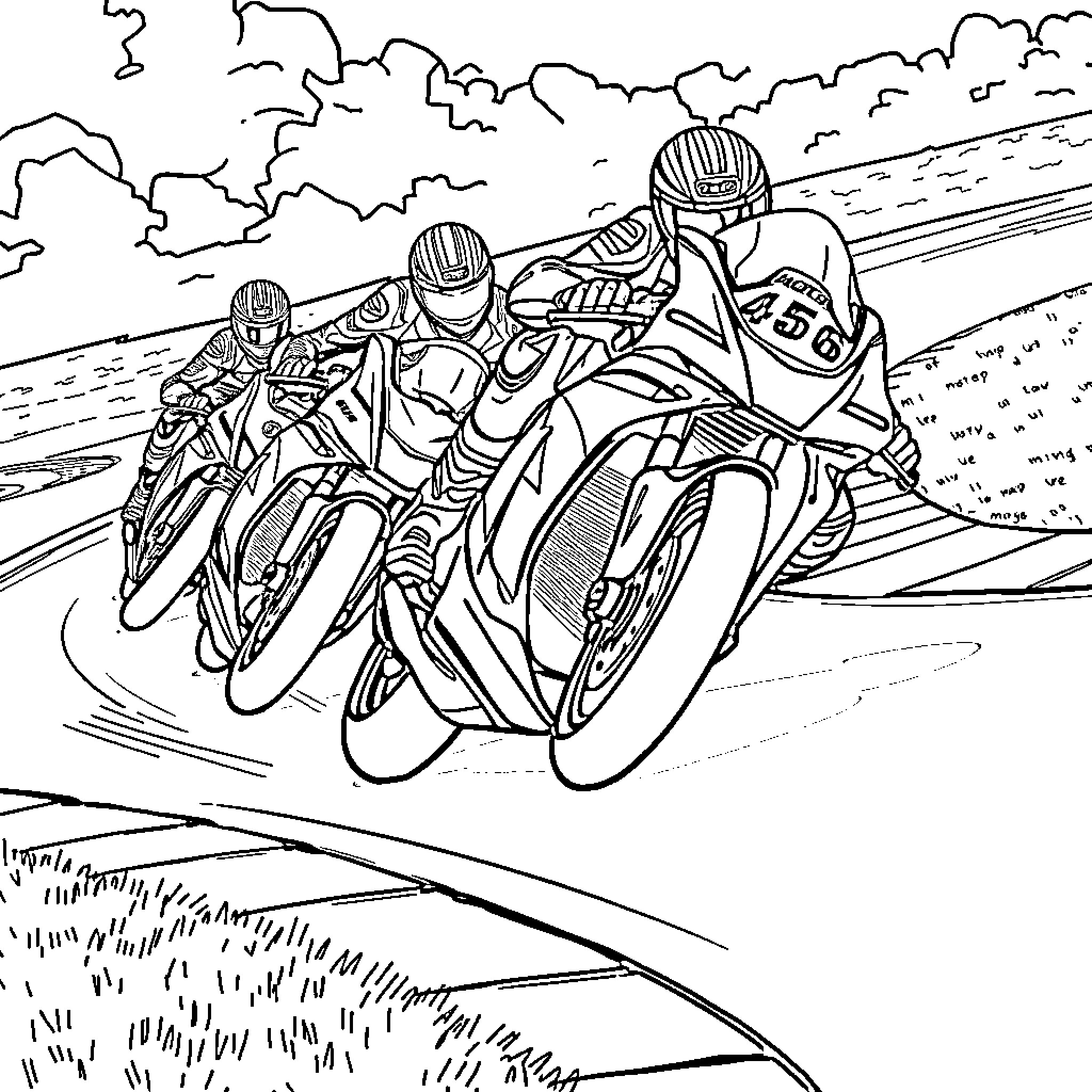 Moto GP Racers Speeding Through the Track Coloring Page (free black-and-white line drawing printable PDF for all, from beginners to advanced learners, including children, teens, adults, and seniors)