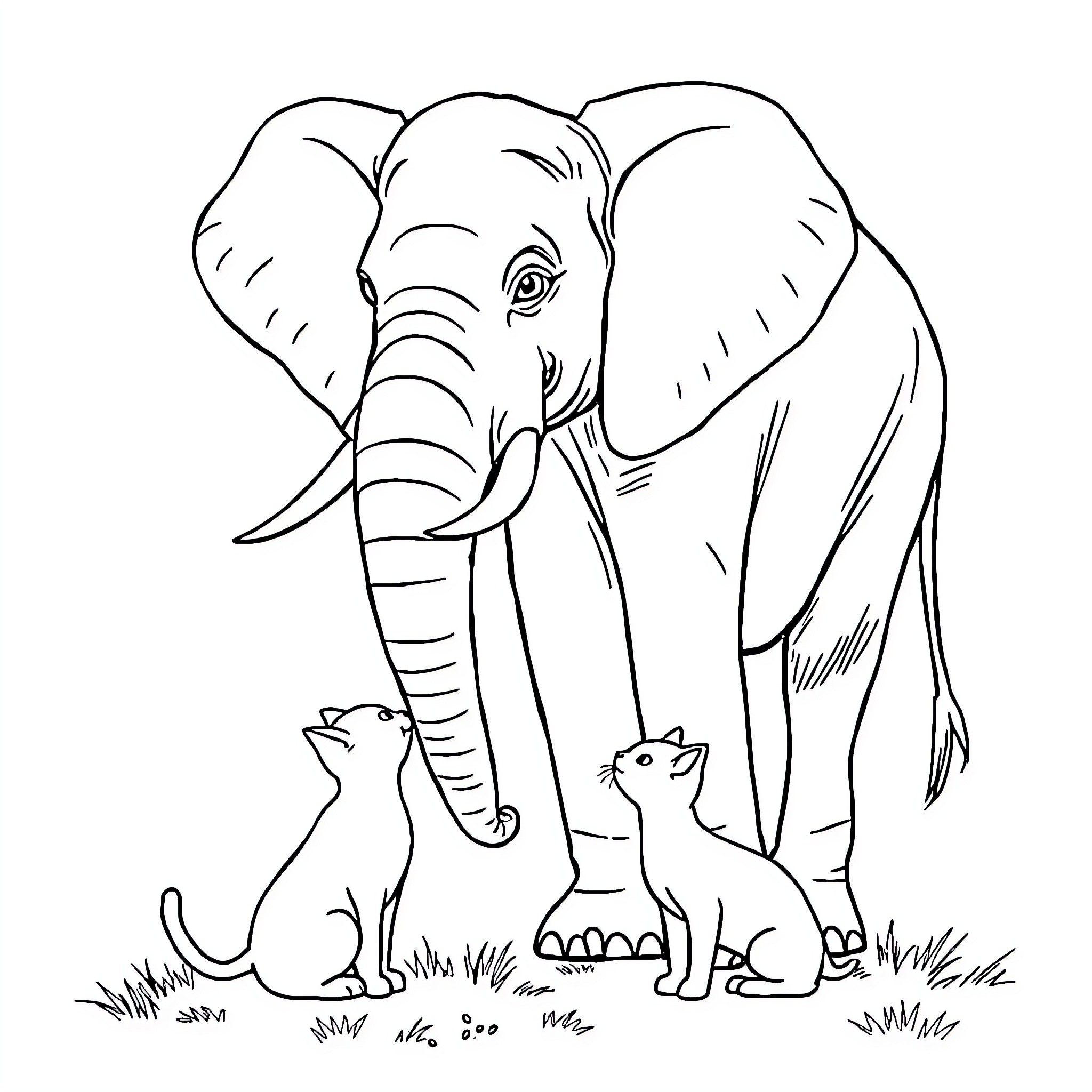 Elephant protecting cats in the wild Coloring Page (free black-and-white line drawing printable PDF for all, from beginners to advanced learners, including children, teens, adults, and seniors)