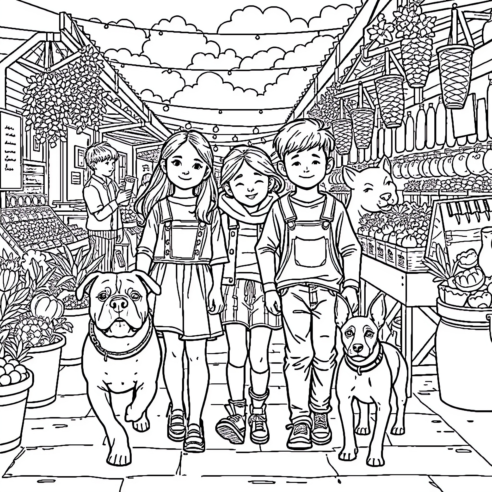 Dog and kids explore lively outdoor market Coloring Page (free black-and-white line drawing printable PDF for all, from beginners to advanced learners, including children, teens, adults, and seniors)
