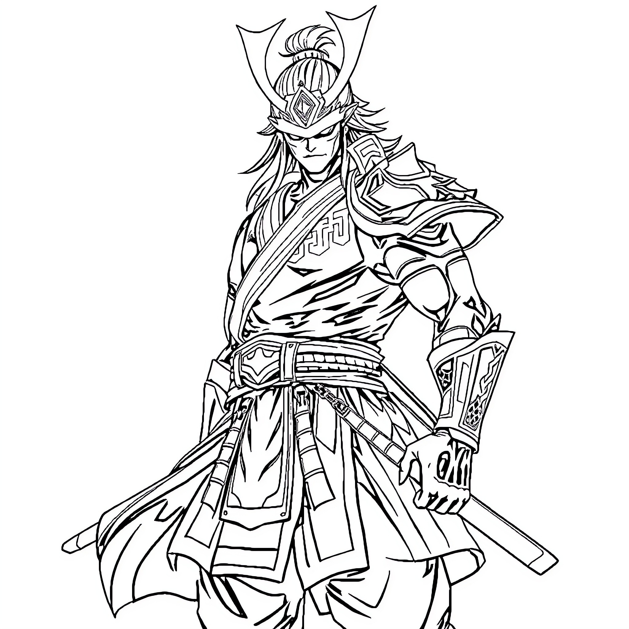 Raiden Shogun in Fierce Samurai Attire Coloring Page (free black-and-white line drawing printable PDF for all, from beginners to advanced learners, including children, teens, adults, and seniors)