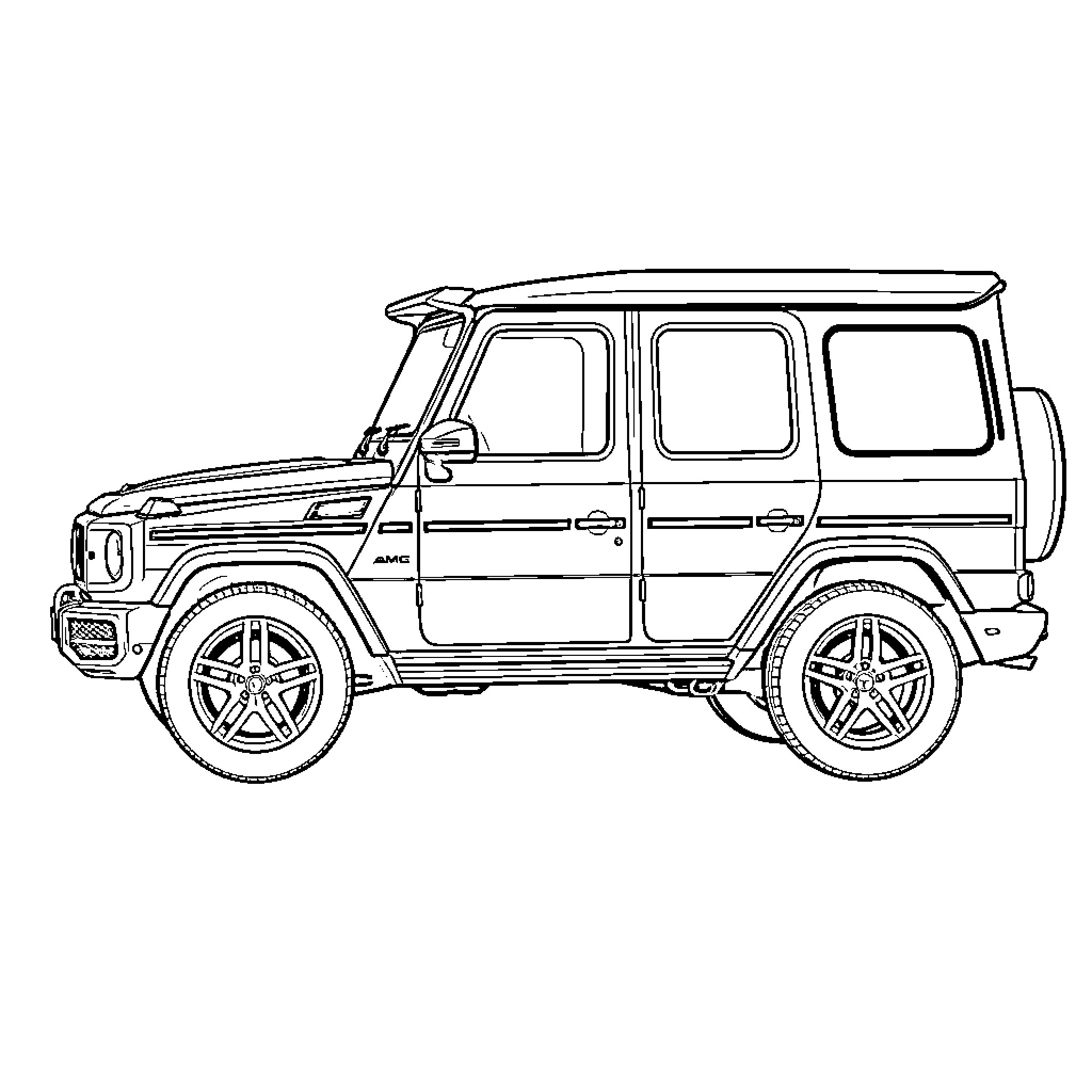 Mercedes Benz G-63 AMG parked on a plain background Coloring Page (free black-and-white line drawing printable PDF for all, from beginners to advanced learners, including children, teens, adults, and seniors)