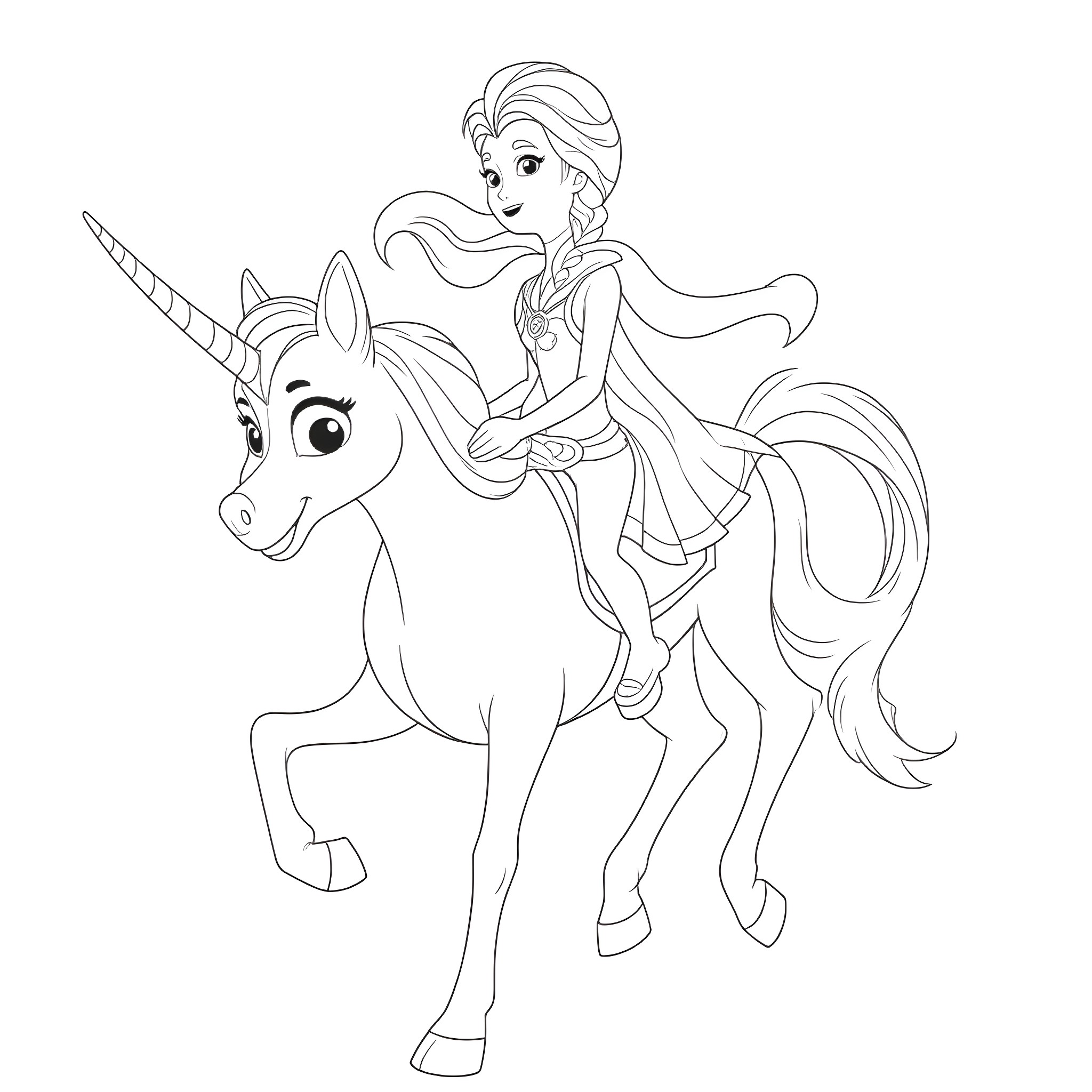 Princess riding a magical unicorn Coloring Page (free black-and-white line drawing printable PDF for all, from beginners to advanced learners, including children, teens, adults, and seniors)