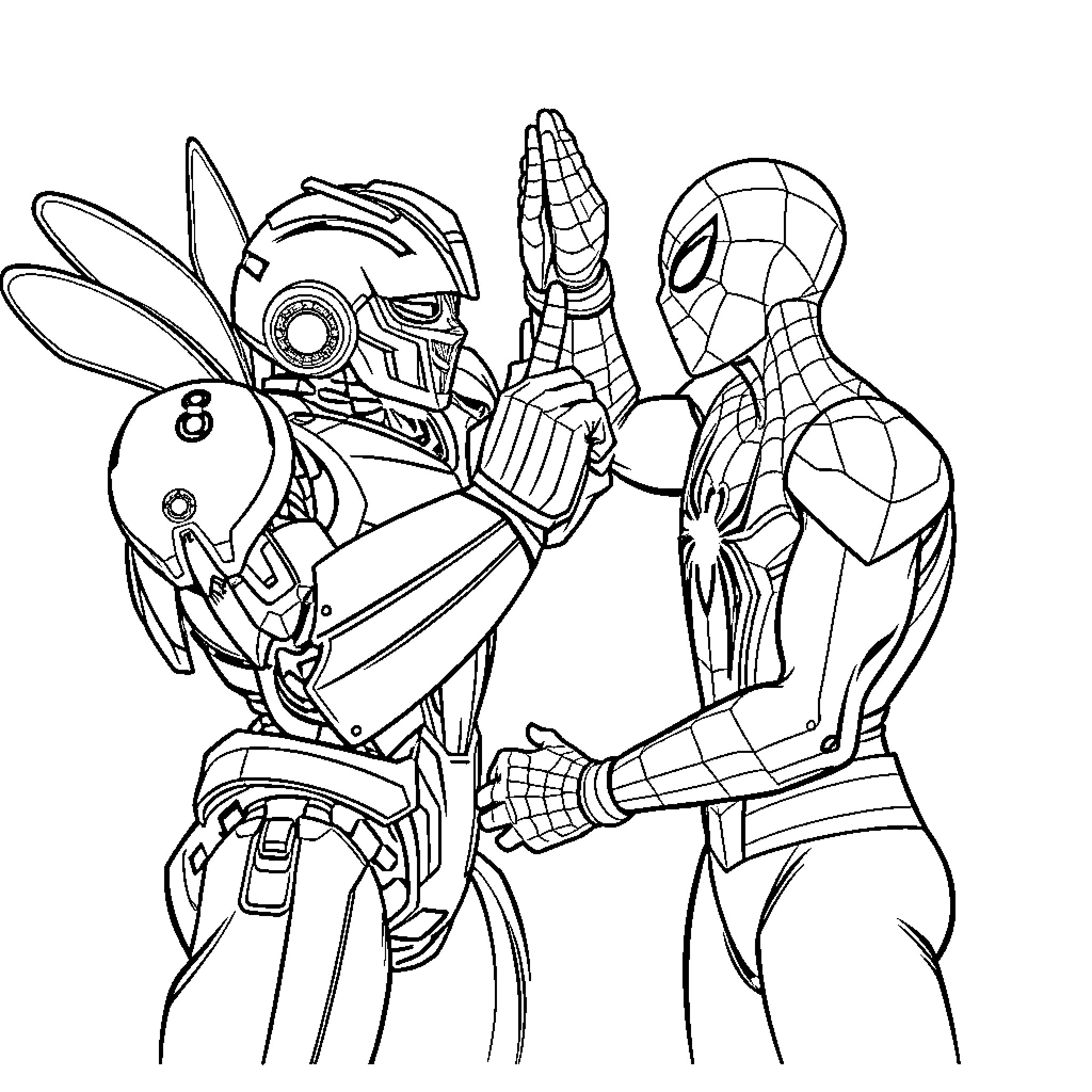 Bumblebee and Spider-Man battle robotic enemies Coloring Page (free black-and-white line drawing printable PDF for all, from beginners to advanced learners, including children, teens, adults, and seniors)