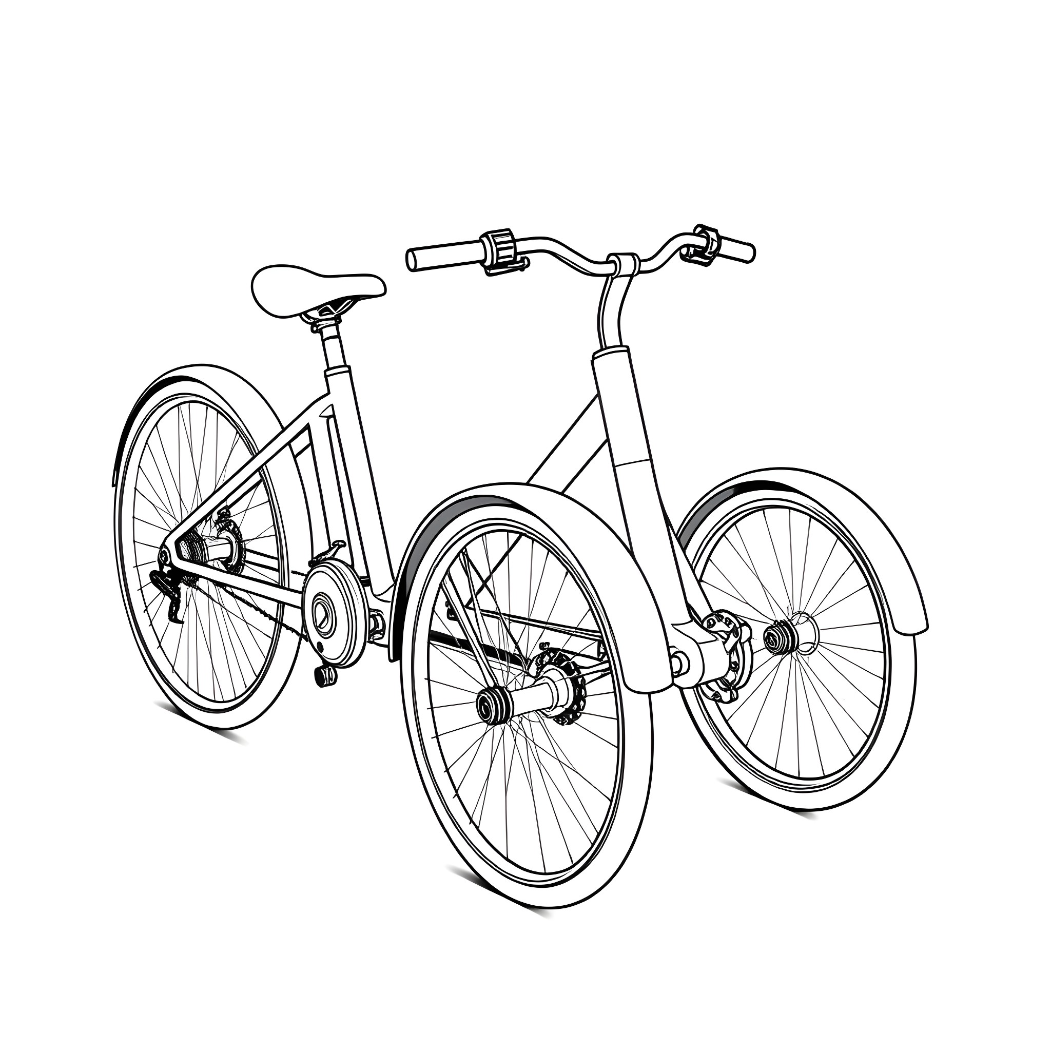 Trike with distinct handlebars and pedals Coloring Page (free black-and-white line drawing printable PDF for all, from beginners to advanced learners, including children, teens, adults, and seniors)