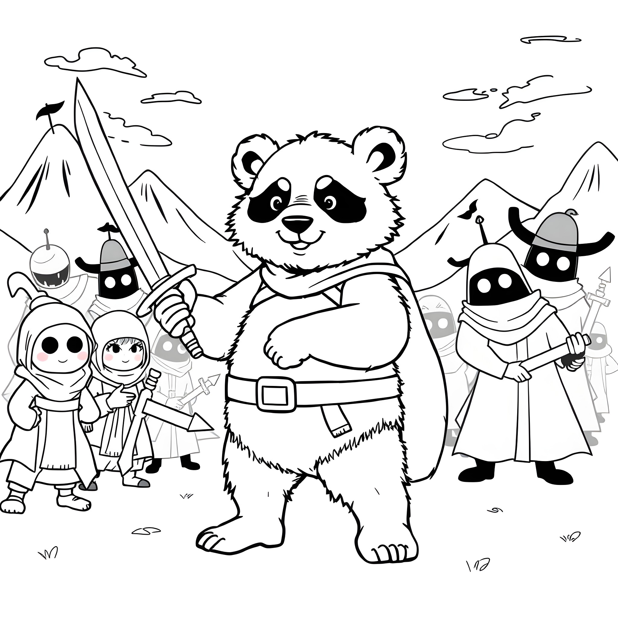 Panda leading a group of quirky characters on an adventure Coloring Page (free black-and-white line drawing printable PDF for all, from beginners to advanced learners, including children, teens, adults, and seniors)