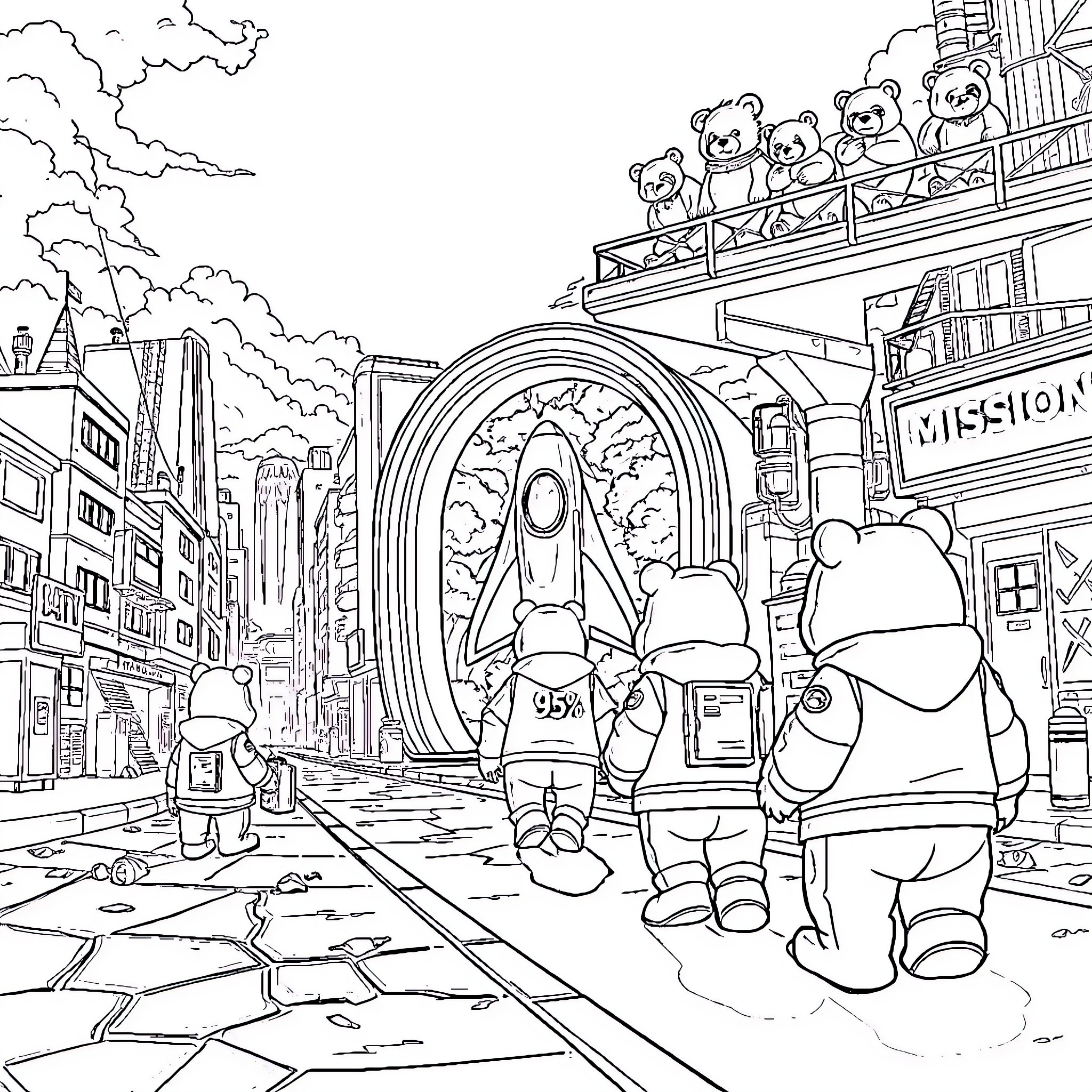 Bear Characters Explore a Futuristic City Coloring Page (free black-and-white line drawing printable PDF for all, from beginners to advanced learners, including children, teens, adults, and seniors)