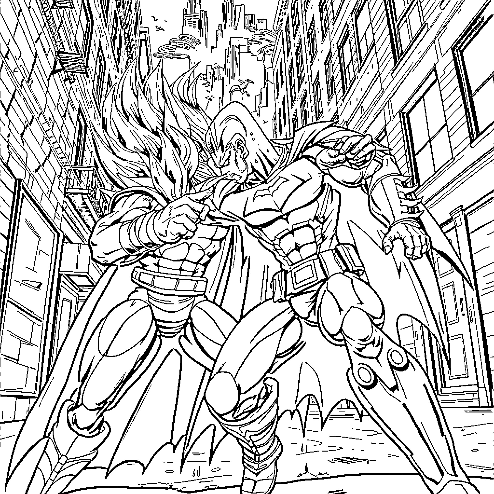 Batman and Robin Battling Villains in Gotham City Coloring Page (free black-and-white line drawing printable PDF for all, from beginners to advanced learners, including children, teens, adults, and seniors)