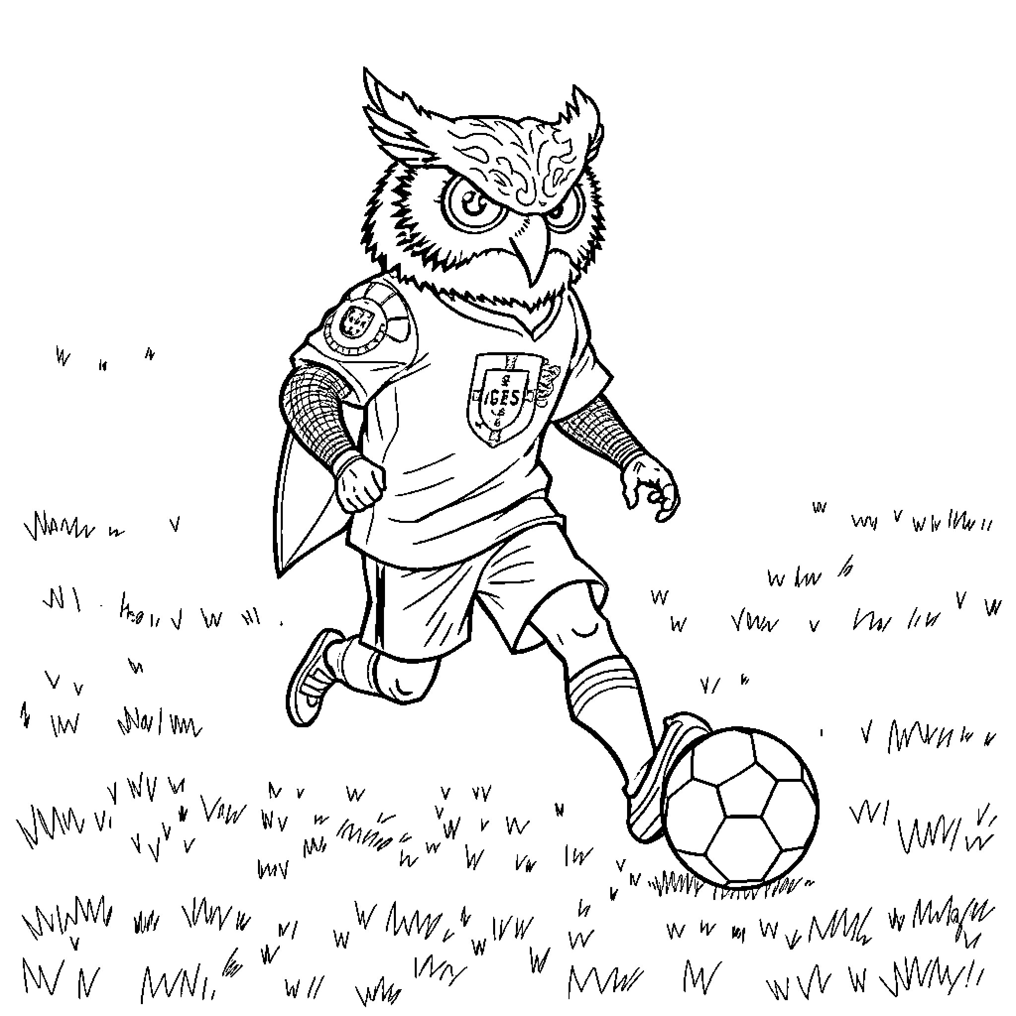 Owl playing soccer on the field Coloring Page (free black-and-white line drawing printable PDF for all, from beginners to advanced learners, including children, teens, adults, and seniors)