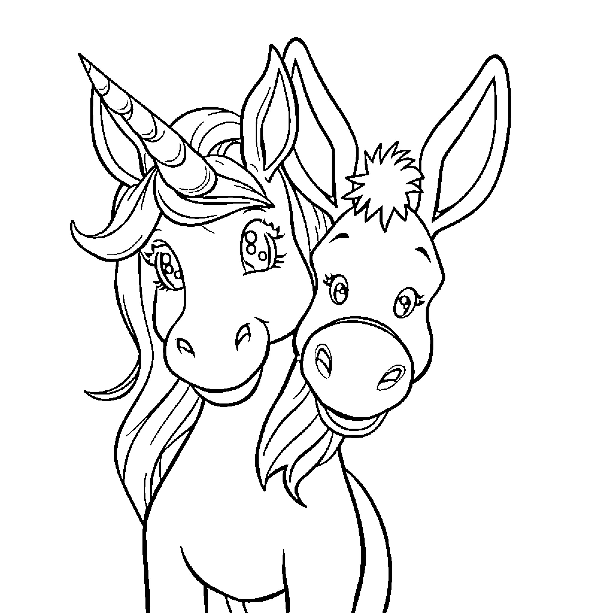 Unicorn and donkey in comical expressions Coloring Page (free black-and-white line drawing printable PDF for all, from beginners to advanced learners, including children, teens, adults, and seniors)