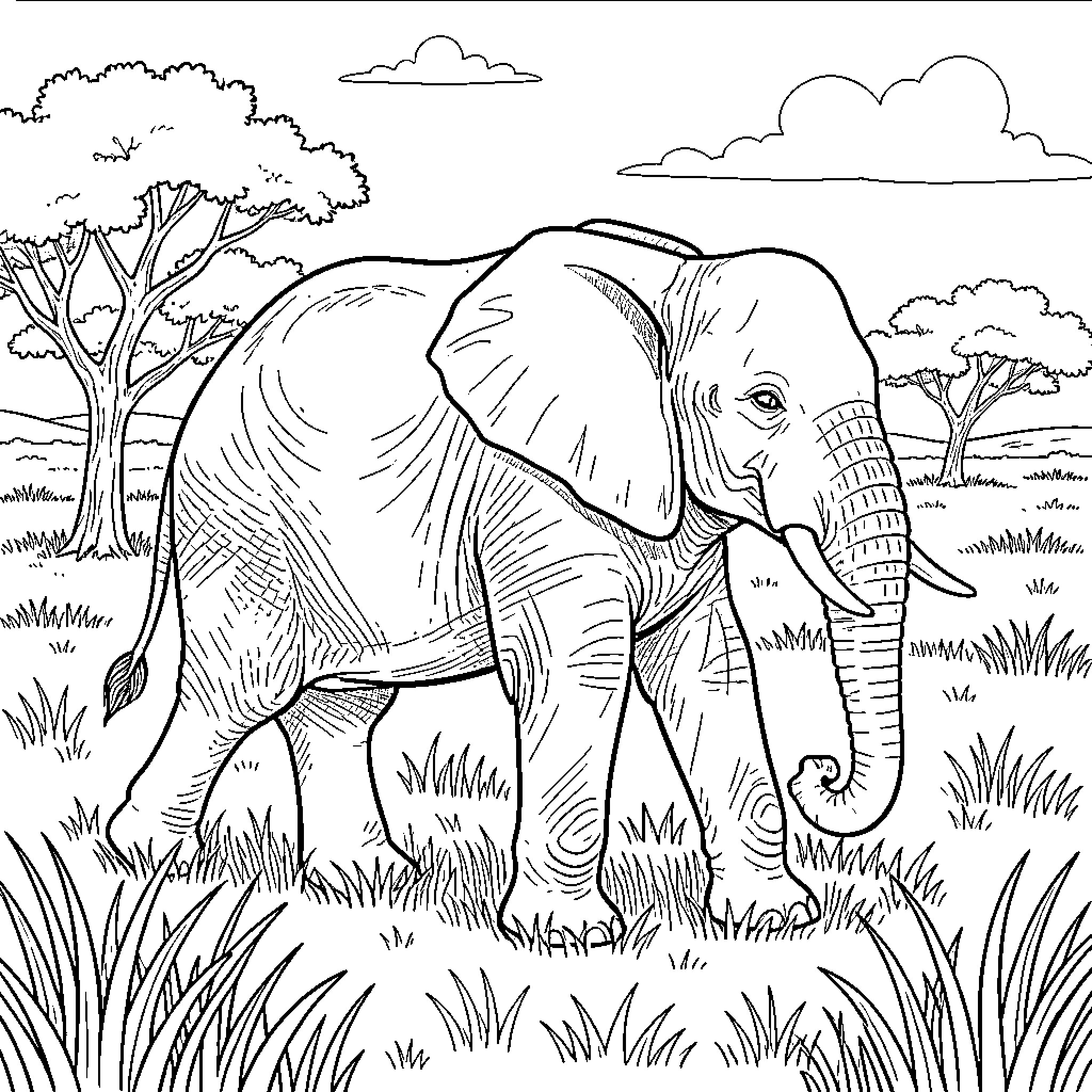 Elephant standing tall in the savannah landscape Coloring Page (free black-and-white line drawing printable PDF for all, from beginners to advanced learners, including children, teens, adults, and seniors)