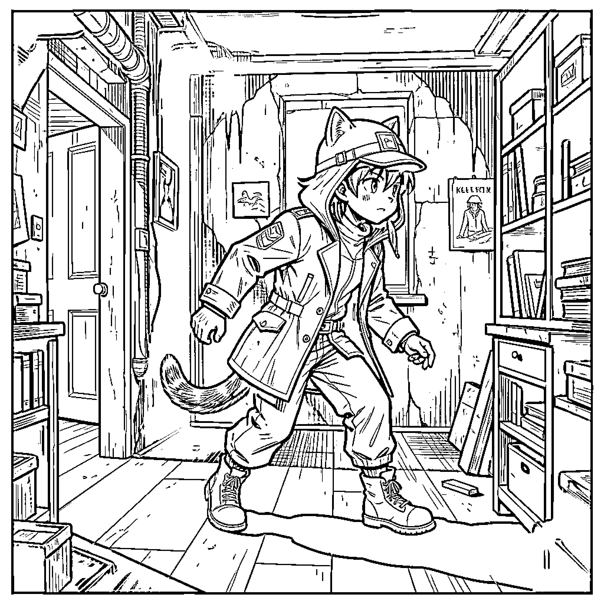 Katseye character exploring a cluttered room in adventure gear Coloring Page (free black-and-white line drawing printable PDF for all, from beginners to advanced learners, including children, teens, adults, and seniors)