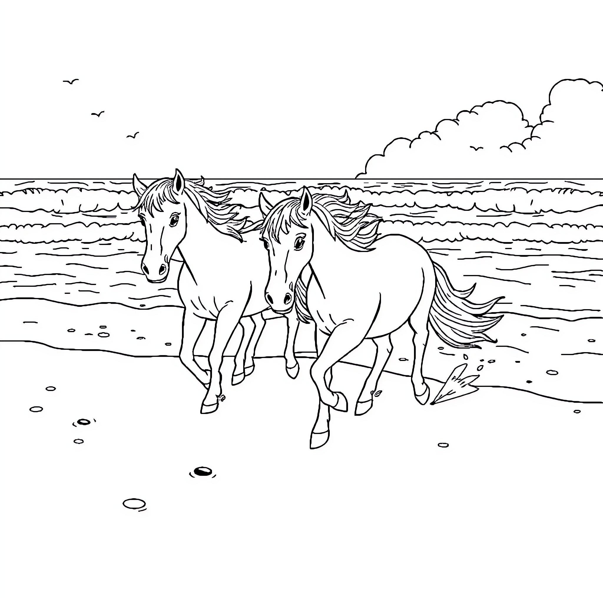 Pony horses galloping on the beach Coloring Page (free black-and-white line drawing printable PDF for all, from beginners to advanced learners, including children, teens, adults, and seniors)