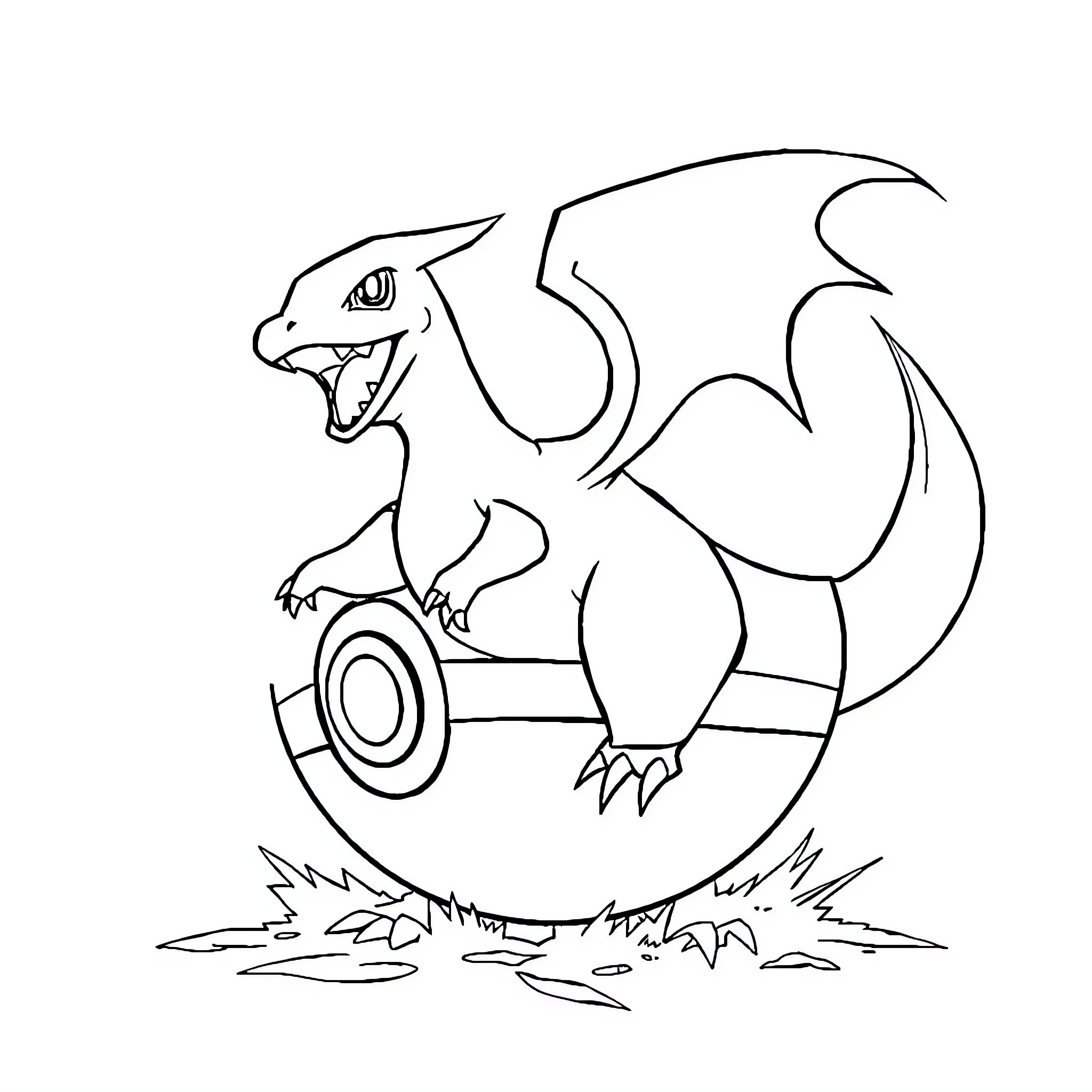Pokeball containing a ferocious dragon-like creature Coloring Page (free black-and-white line drawing printable PDF for all, from beginners to advanced learners, including children, teens, adults, and seniors)