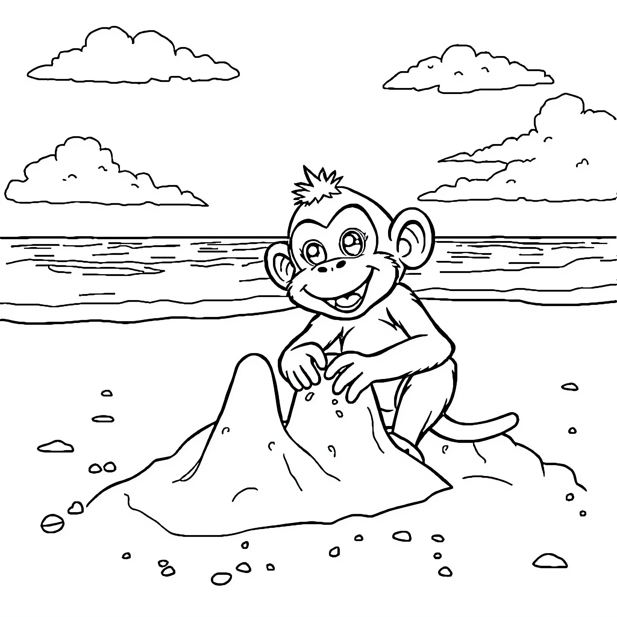 Monkey playing happily on the beach Coloring Page (free black-and-white line drawing printable PDF for all, from beginners to advanced learners, including children, teens, adults, and seniors)
