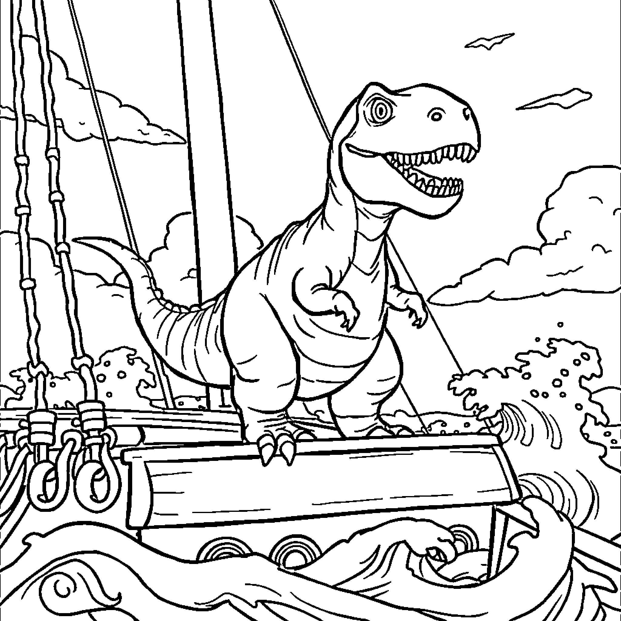 Dinosaur riding a pirate ship in the ocean Coloring Page (free black-and-white line drawing printable PDF for all, from beginners to advanced learners, including children, teens, adults, and seniors)
