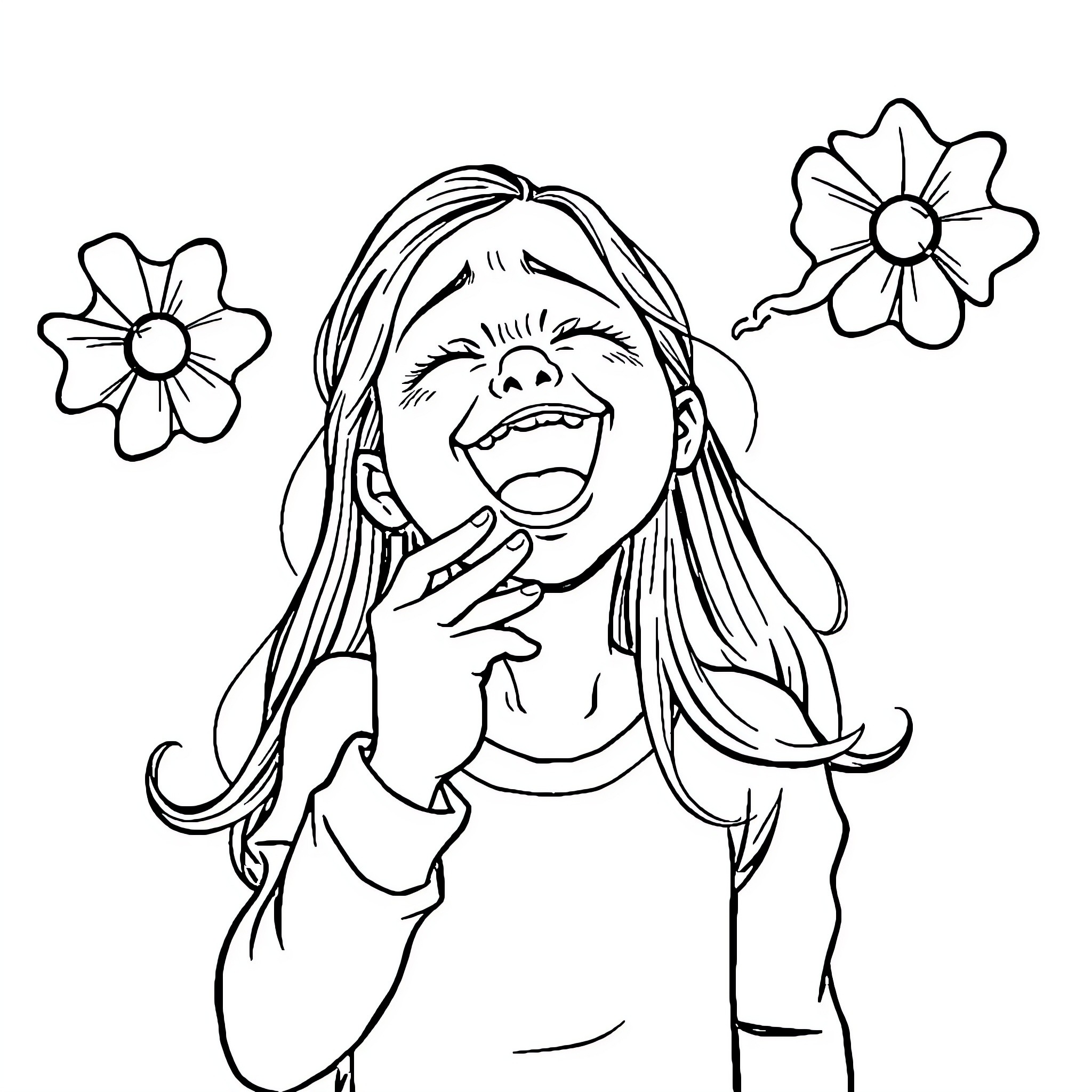 Girl Joyfully Embracing Flower Petals Coloring Page (free black-and-white line drawing printable PDF for all, from beginners to advanced learners, including children, teens, adults, and seniors)
