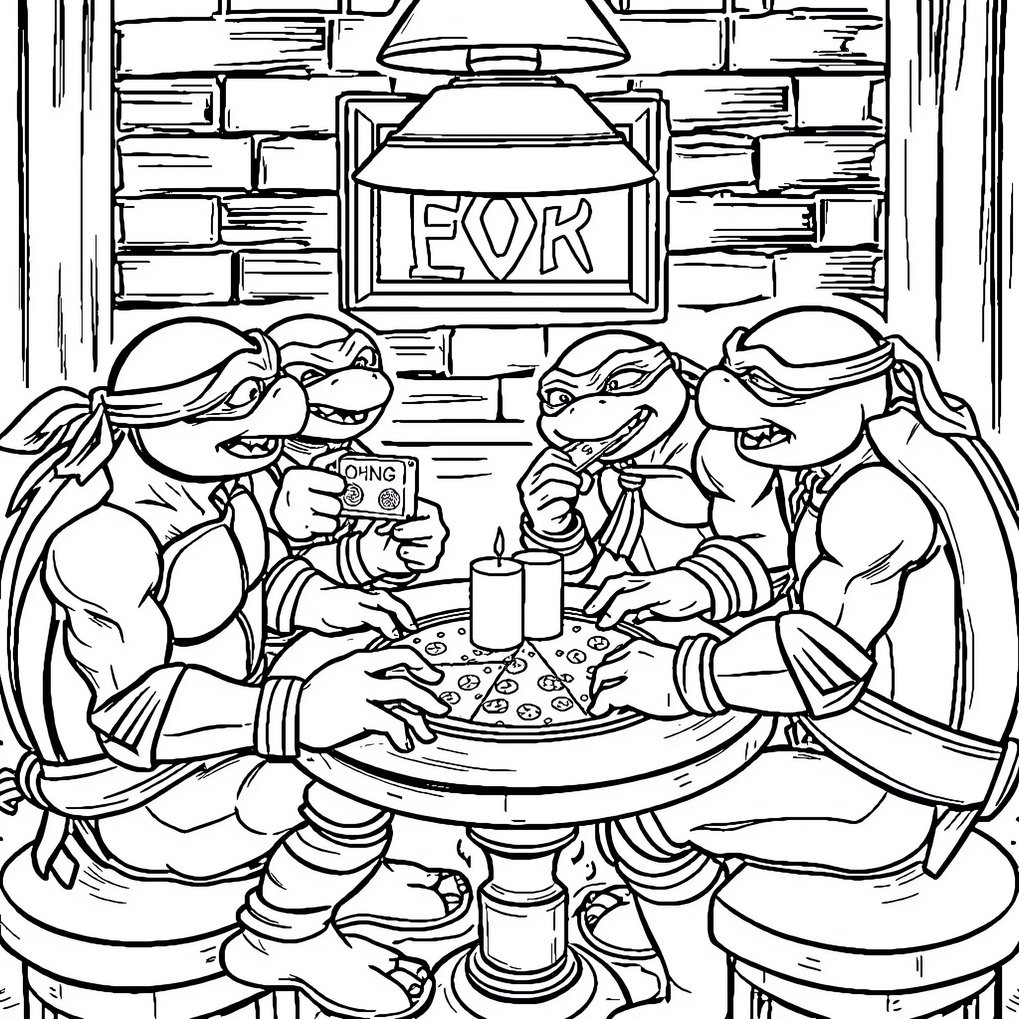 Ninja Turtles enjoying a pizza party together Coloring Page (free black-and-white line drawing printable PDF for all, from beginners to advanced learners, including children, teens, adults, and seniors)