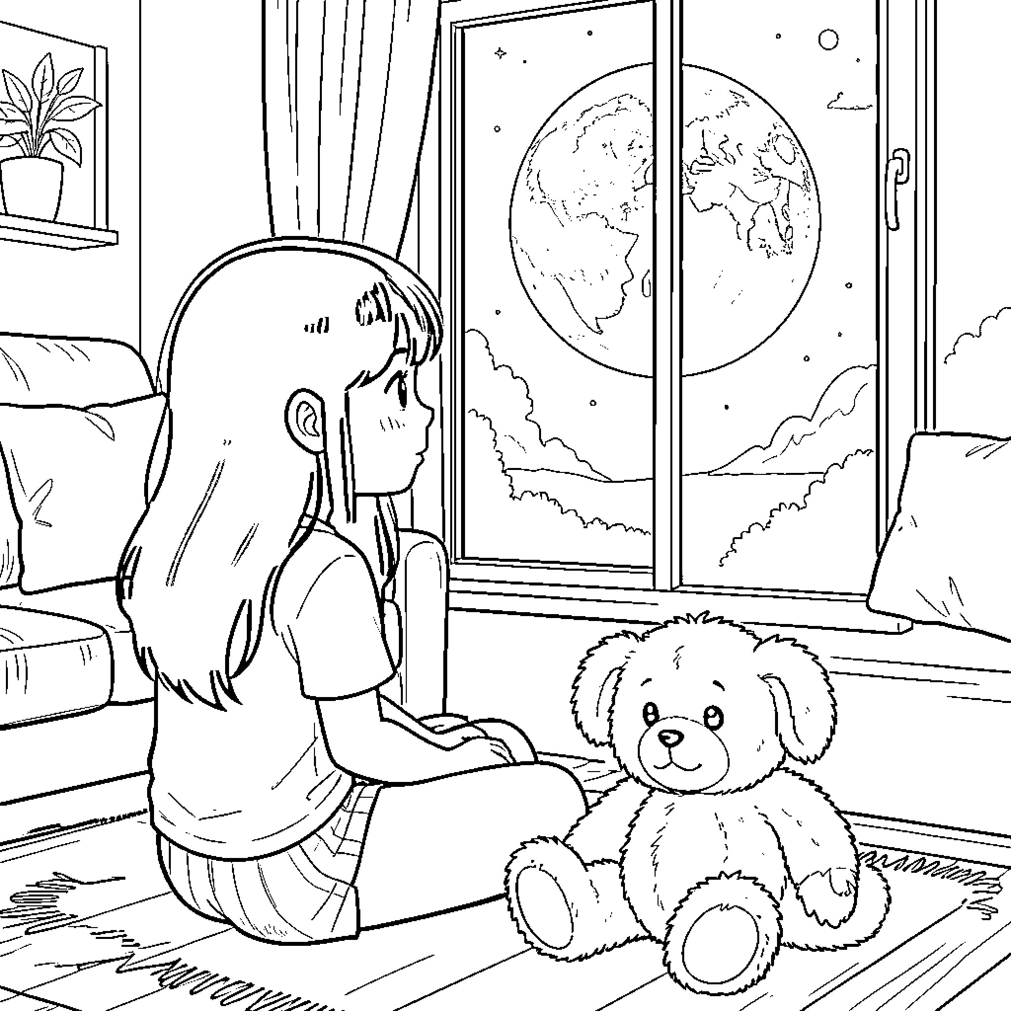 Girl gazes thoughtfully at the world through window Coloring Page (free black-and-white line drawing printable PDF for all, from beginners to advanced learners, including children, teens, adults, and seniors)