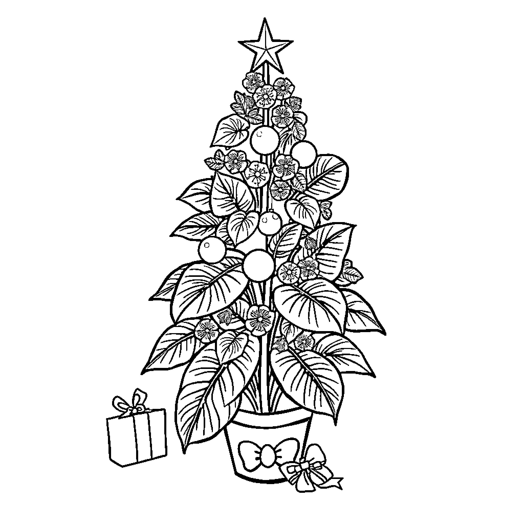 Monstera plant decorated for Christmas Coloring Page (free black-and-white line drawing printable PDF for all, from beginners to advanced learners, including children, teens, adults, and seniors)