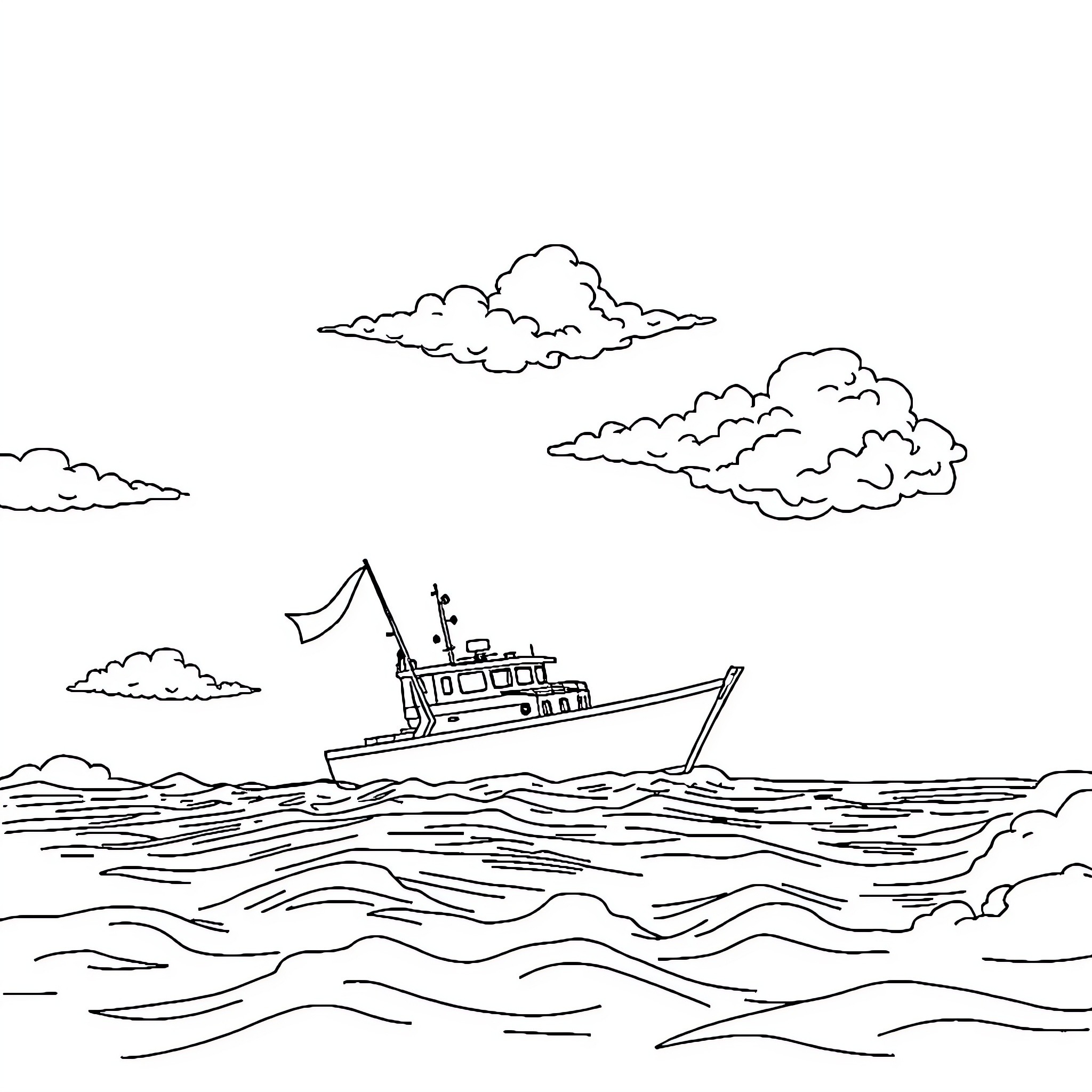 Flying Boat Sailing on Choppy Waters Coloring Page (free black-and-white line drawing printable PDF for all, from beginners to advanced learners, including children, teens, adults, and seniors)