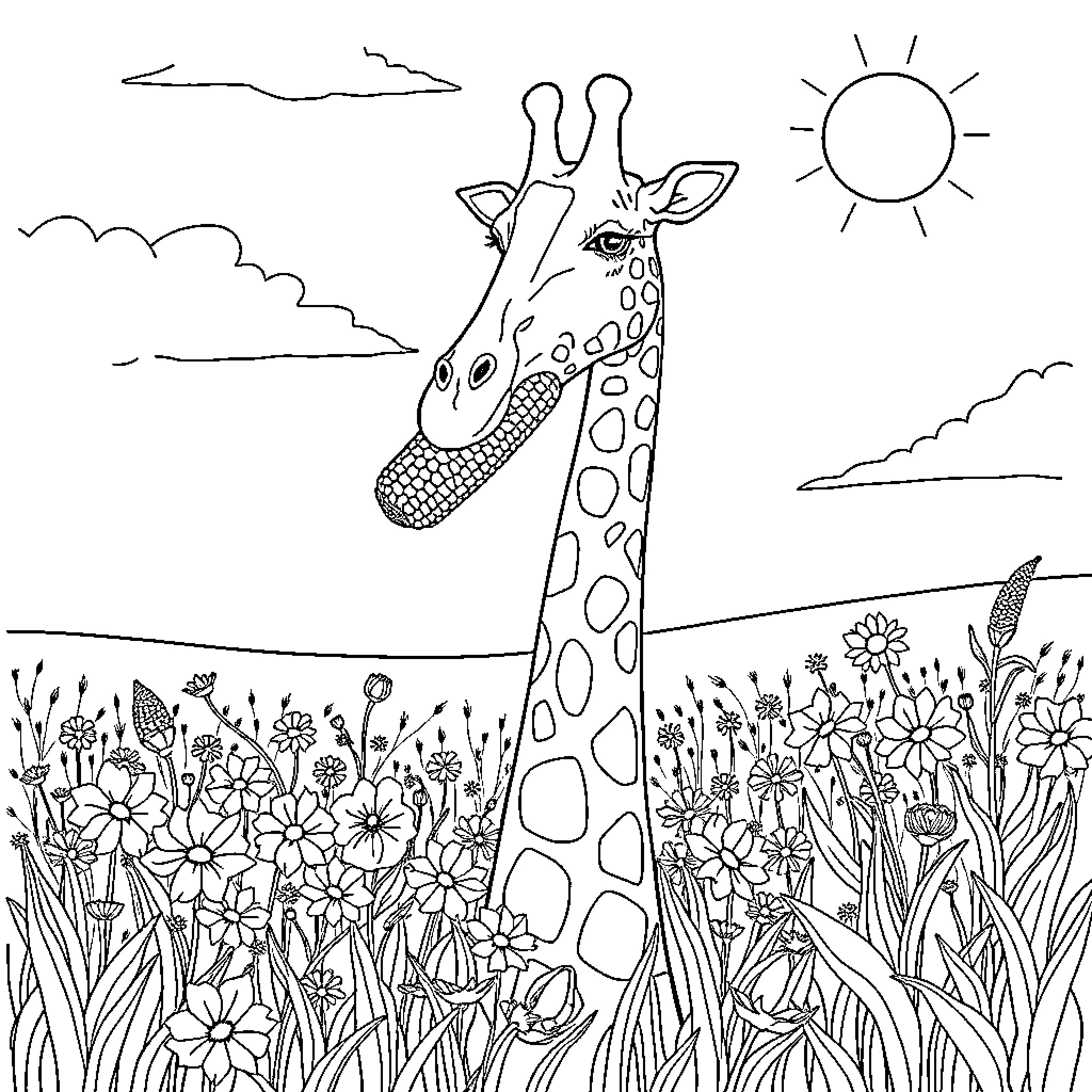 Giraffe enjoying a sunny day in a floral field Coloring Page (free black-and-white line drawing printable PDF for all, from beginners to advanced learners, including children, teens, adults, and seniors)