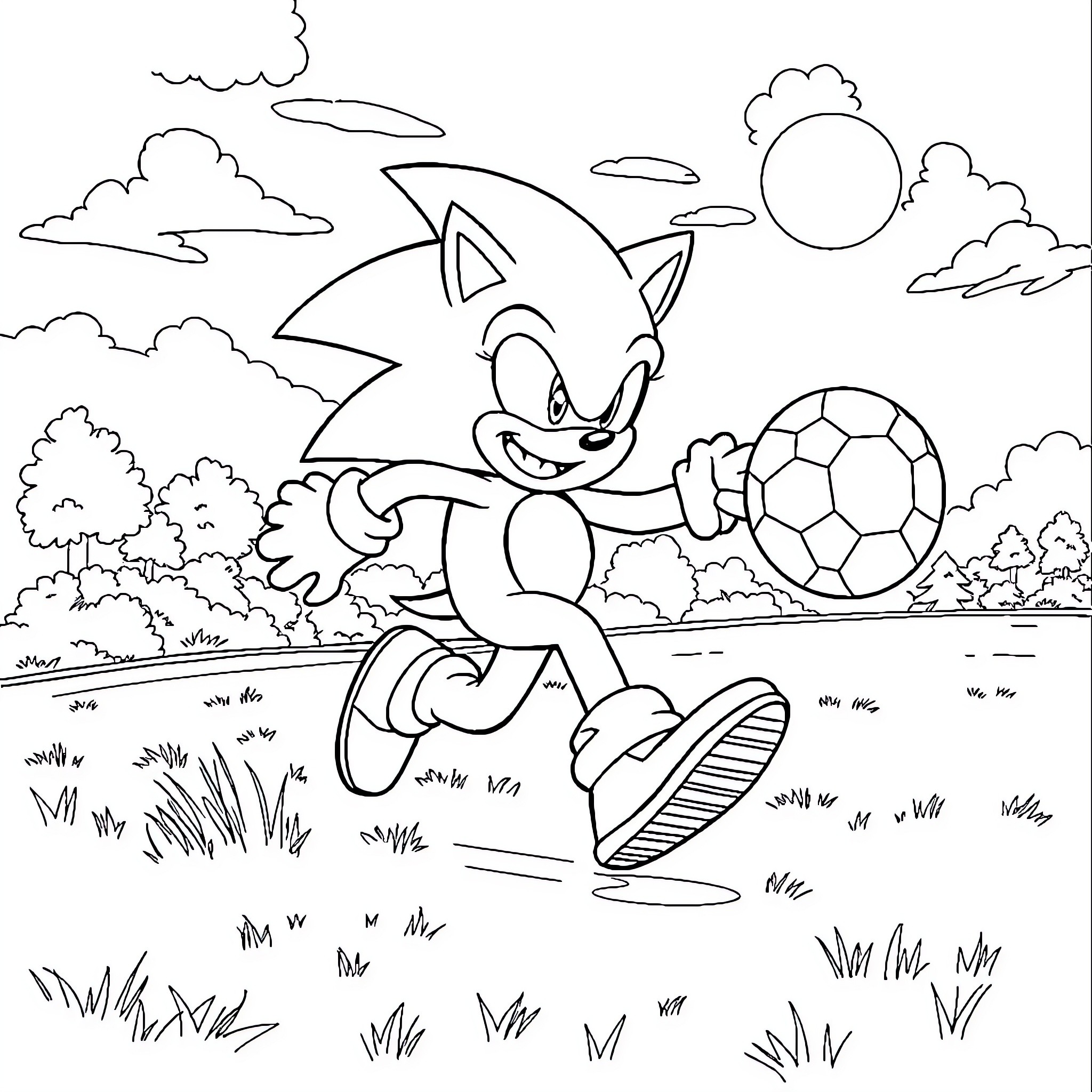 Sonic happily playing with a soccer ball in the park Coloring Page (free black-and-white line drawing printable PDF for all, from beginners to advanced learners, including children, teens, adults, and seniors)