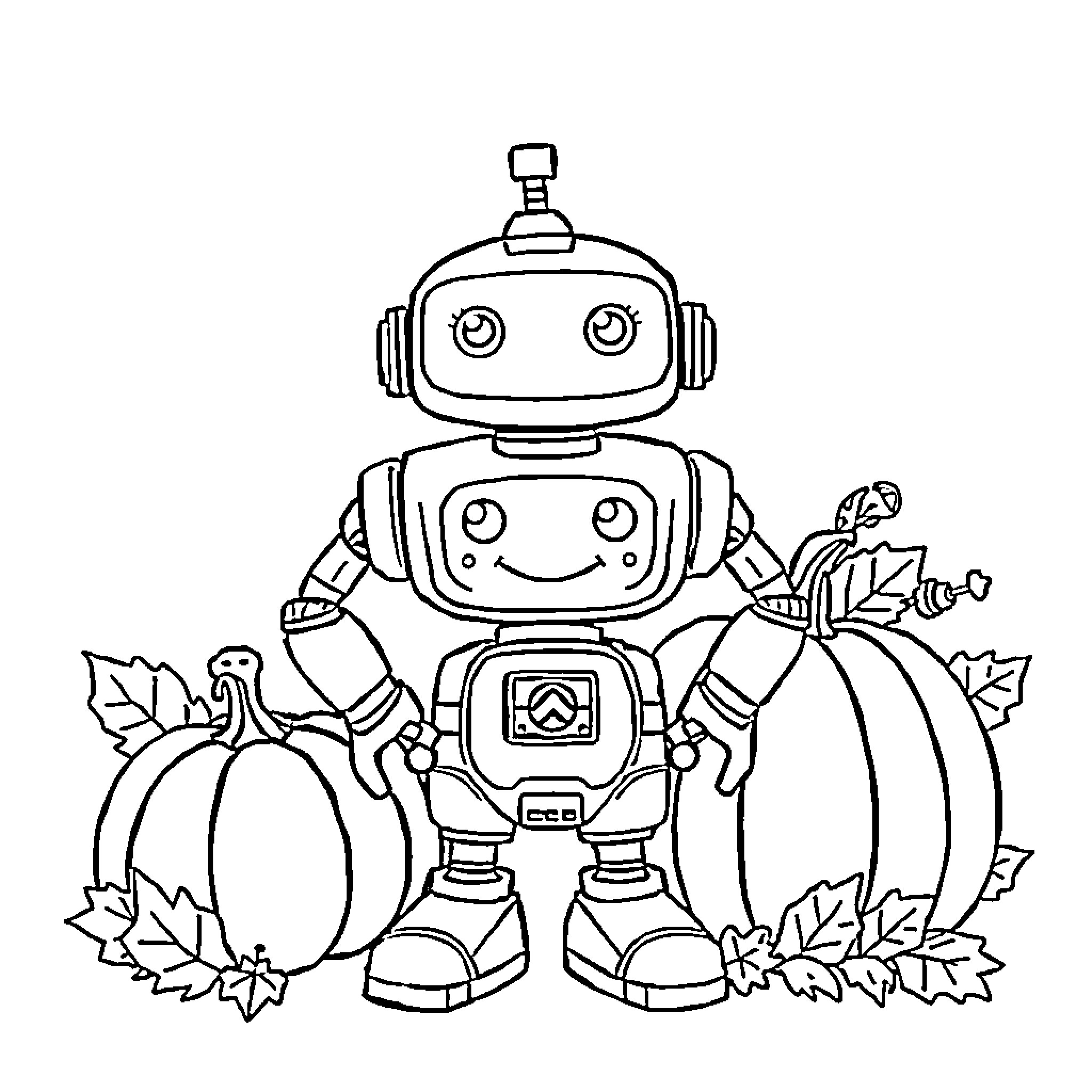Robot Enjoying Autumn Scenery with Pumpkins Coloring Page (free black-and-white line drawing printable PDF for all, from beginners to advanced learners, including children, teens, adults, and seniors)