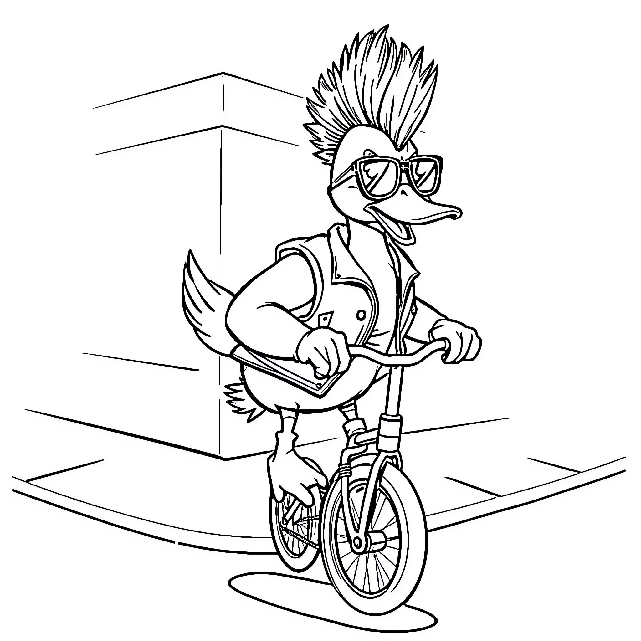 Duck riding a bicycle with punk-inspired hairstyle Coloring Page (free black-and-white line drawing printable PDF for all, from beginners to advanced learners, including children, teens, adults, and seniors)