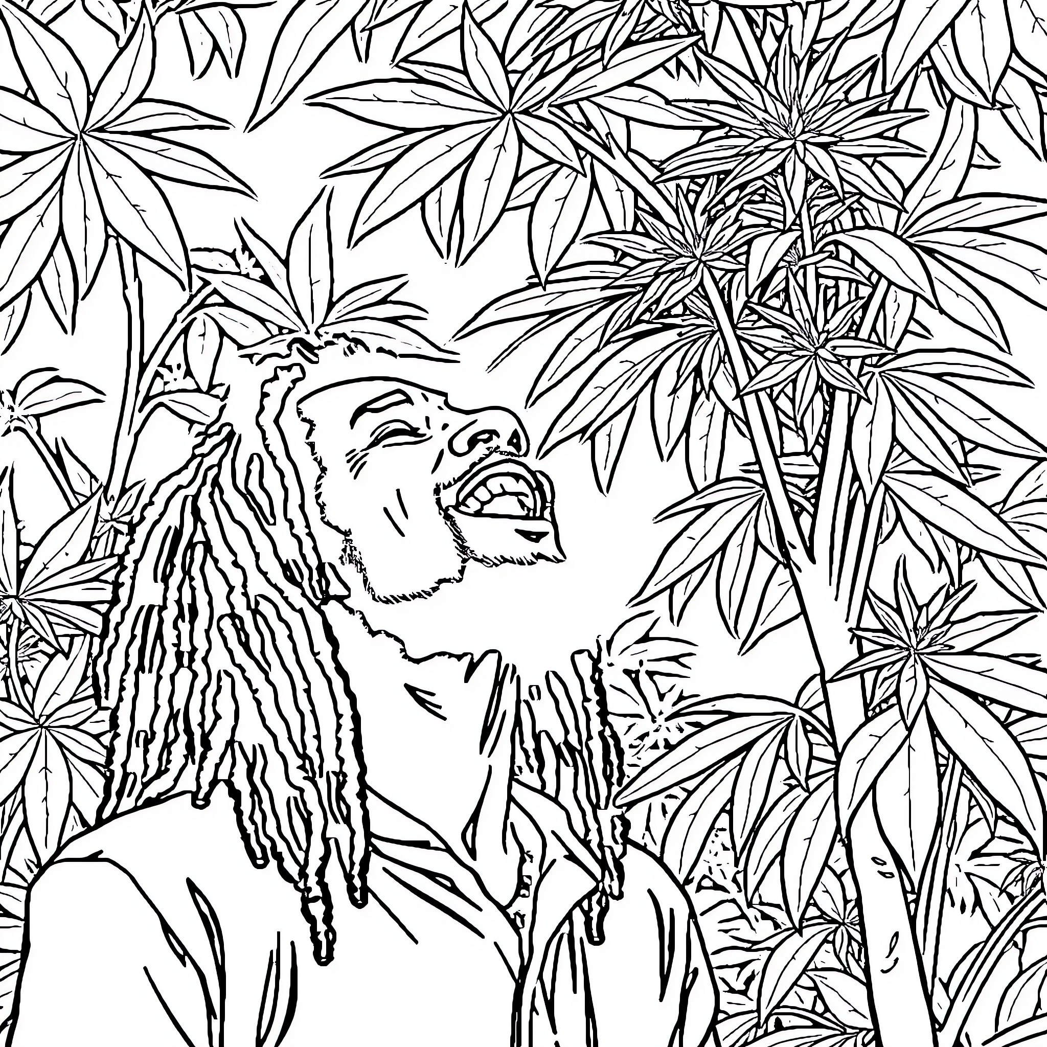 Bob Marley enjoying the natural surroundings Coloring Page (free black-and-white line drawing printable PDF for all, from beginners to advanced learners, including children, teens, adults, and seniors)